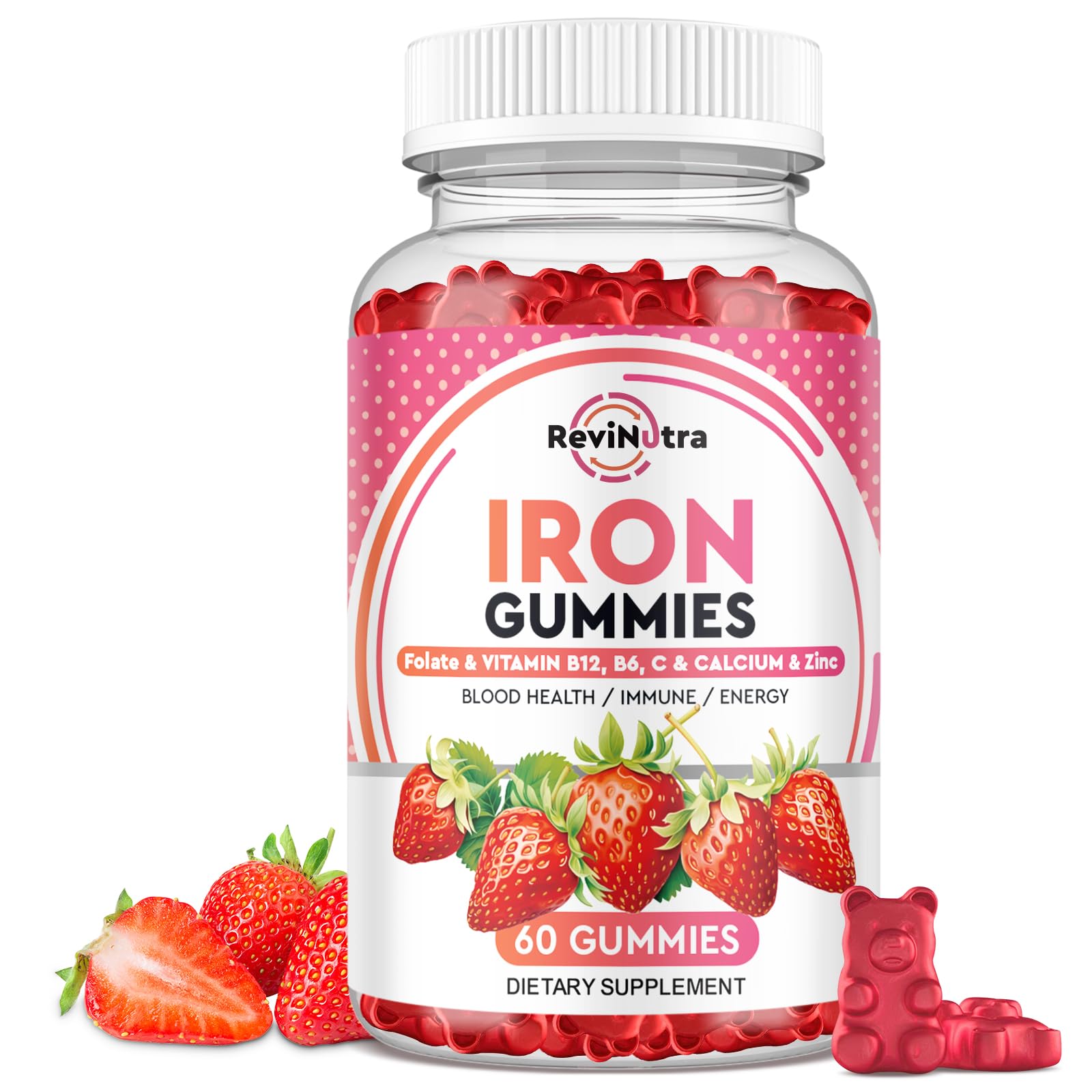 Iron Gummies for Adults & Kids - with Calcium, Zinc, Folate & Vitamins B12, C, B6 - Blood Builder & Energy Support for Iron Deficiency & Anemia - Vegan Supplement - 60 Chewable Gummies - Perfect for Daily Nutrition & Immune Support at Home, Work or Travel