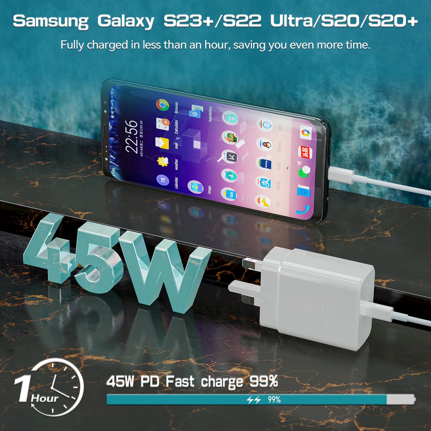 Samsung 45W Super Fast Charging Block with 6FT USB C Cable - PPS 3.0 Quick Charger for Galaxy S23 Ultra/S23+/S23/S22 Series/S21/S20 Series/Tab S8 Ultra - Perfect for Travel, Office & Home Fast Charging Needs
