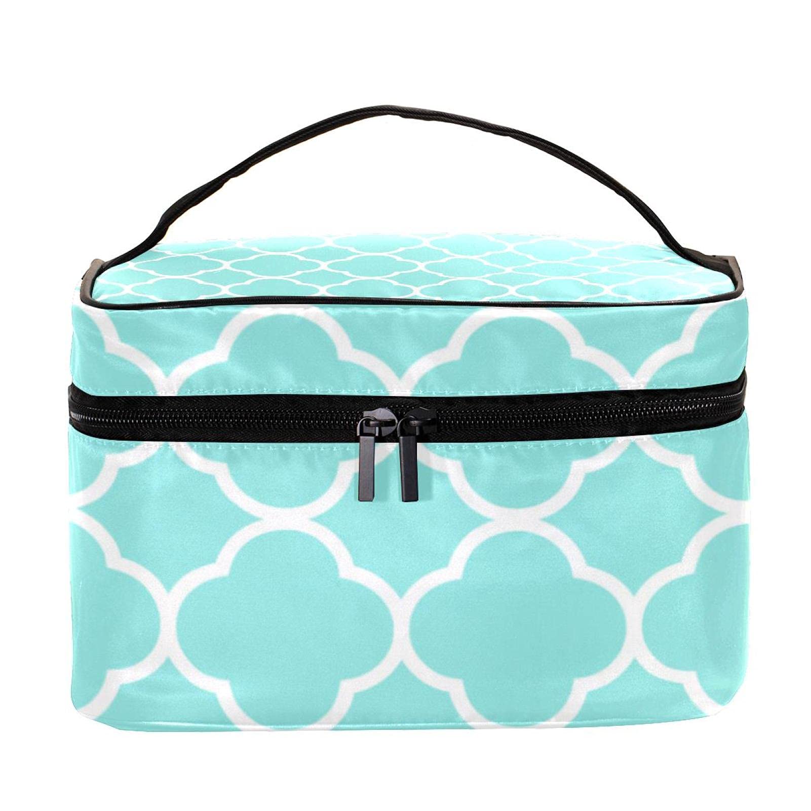 Aqua Green Quatrefoil Pattern Large Travel Makeup Bag - Waterproof Cosmetic Organizer Case with Zipper for Women & Girls | Perfect for Vacation, Gym, Business Trips & Daily Essentials Storage