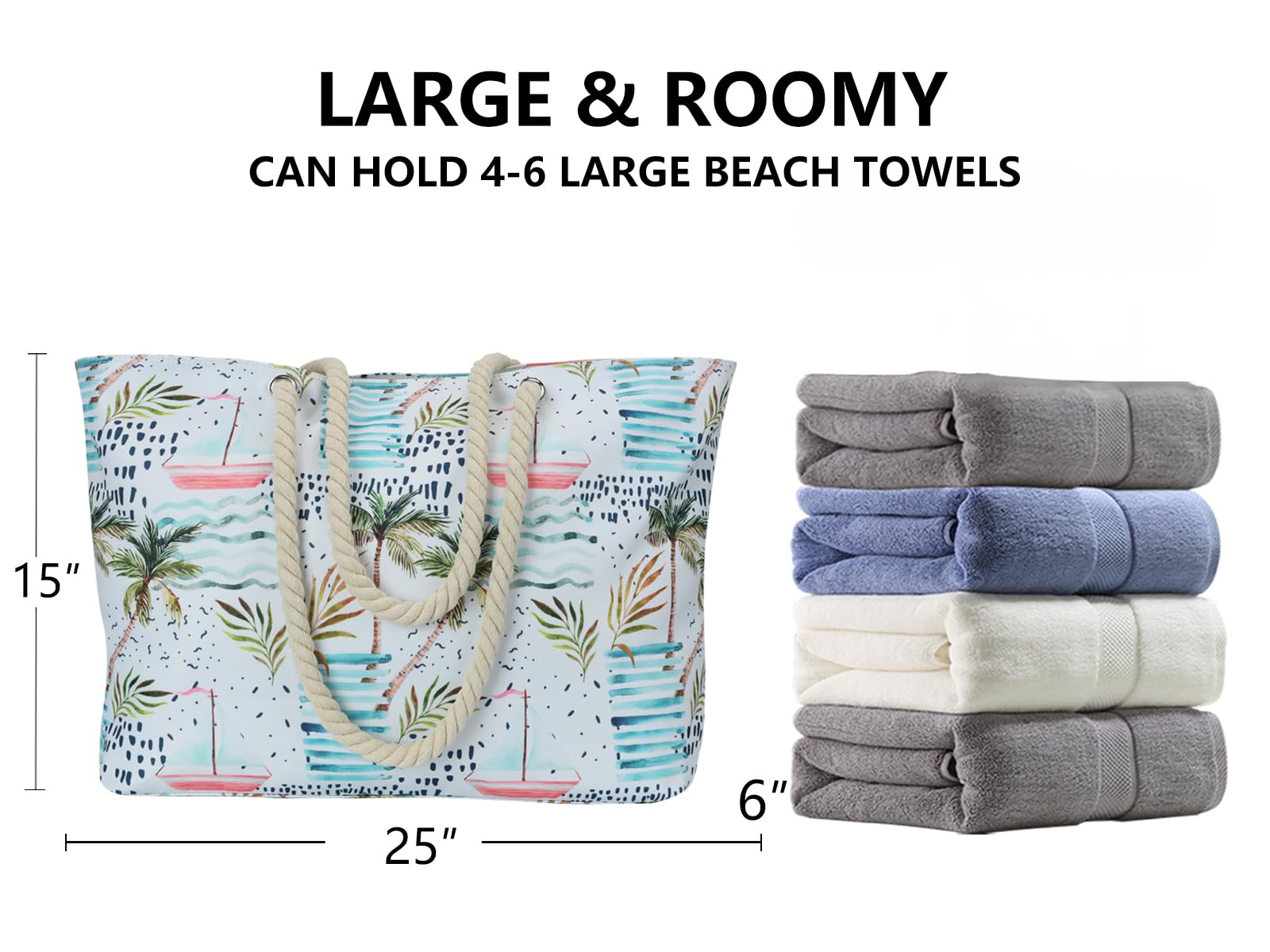 **Large Waterproof Beach Bag for Women - KUAK Sandproof Travel Tote with Lining, Zipper & Inner Pockets - Perfect for Vacation, Pool, Family Outings & Summer Getaways**