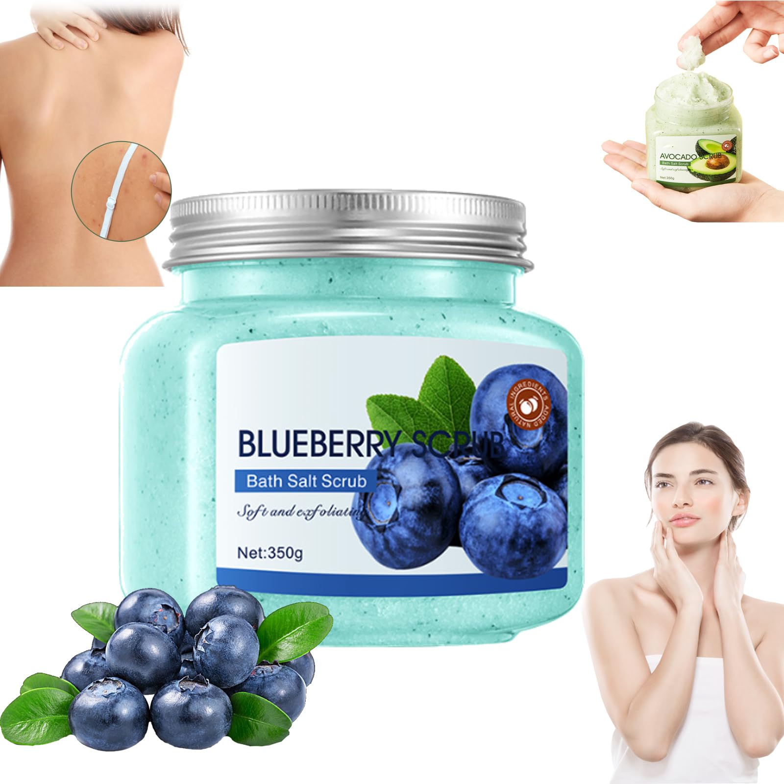 Organic 350g Avocado Body Scrub with Himalayan Salt - Anti-Cellulite Exfoliating Cream for Smooth Skin | Blueberry Scented | Perfect for Spa Day, Dry Skin Treatment & At-Home Self Care Routine