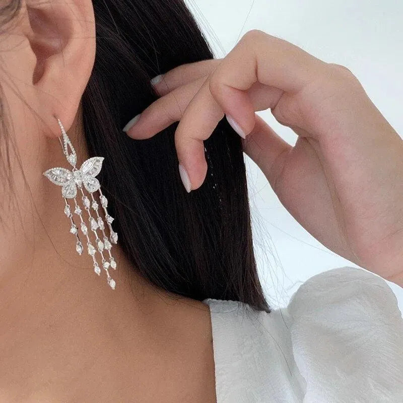 18K White Gold 3.0ct Real Diamond Butterfly Drop Earrings for Women | Elegant Wedding, Party & Anniversary Jewelry Gift | Perfect for Bridal, Evening Events & Special Occasions