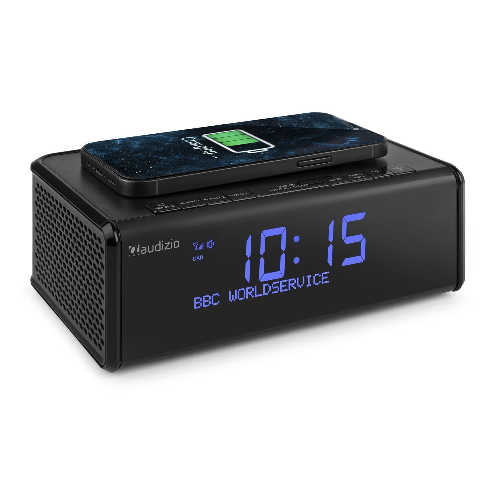Audizio Cuneo DAB+ Digital Alarm Clock Radio with Wireless Charging, Bluetooth, Dual Alarm, Preset Stations, USB Port & Battery Backup - Perfect for Bedroom, Office & Travel