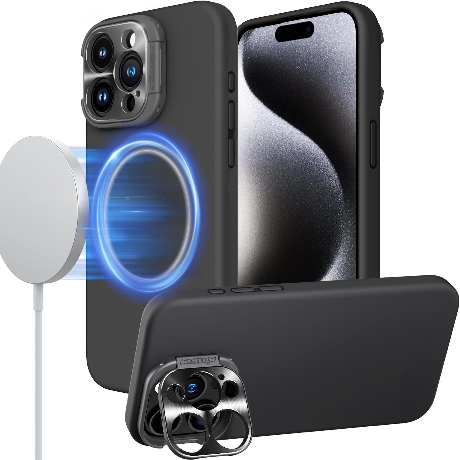 Nillkin iPhone 15 Pro Case with MagSafe - Military Grade Shockproof Silicone Cover with Metal Camera Stand | 6.1
