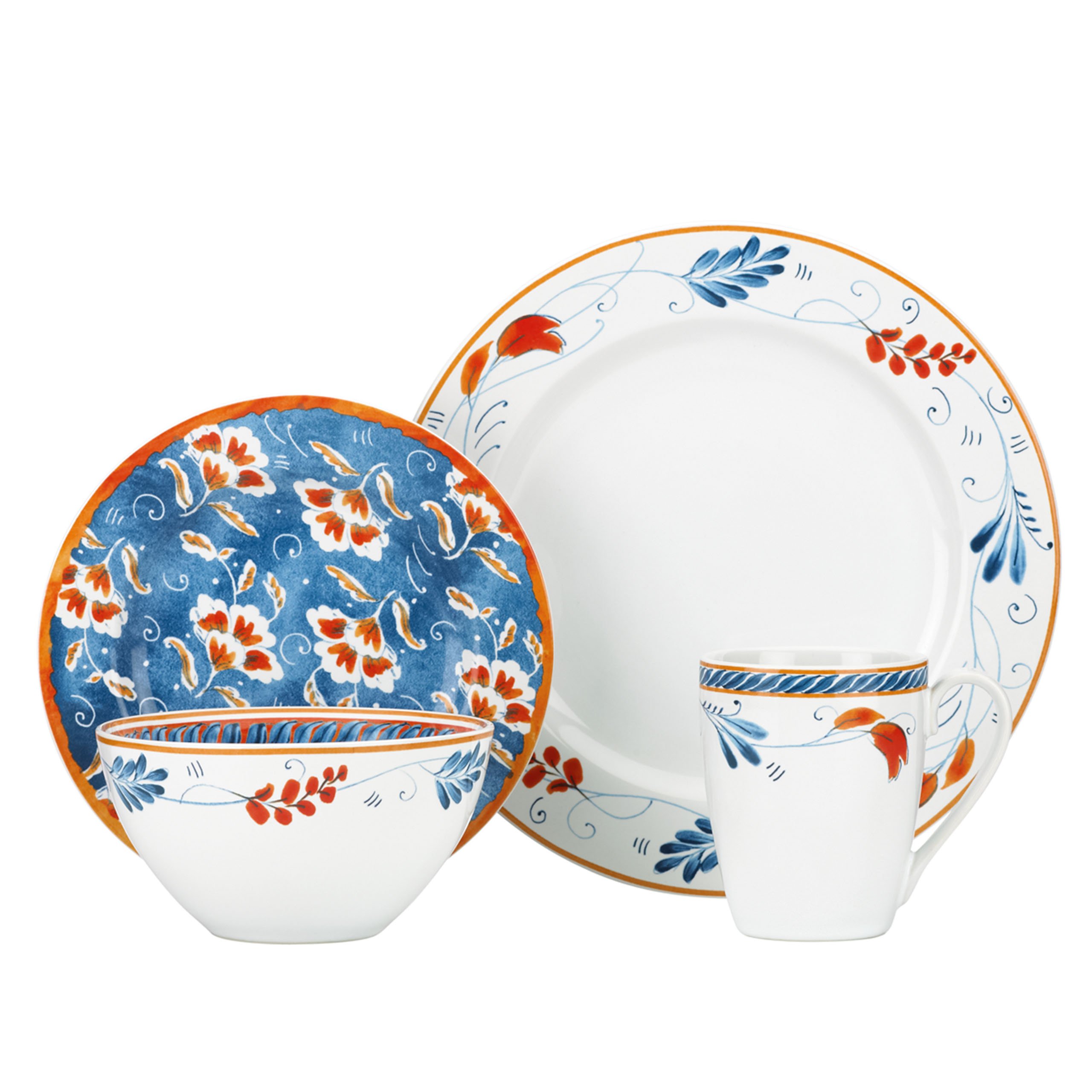 Gorham Kathy Ireland Home Spanish Botanica 4-Piece Dinnerware Set - Elegant Floral Design Plates, Bowls, Cups & Saucers for Formal Dining, Wedding Registry & Home Decor
