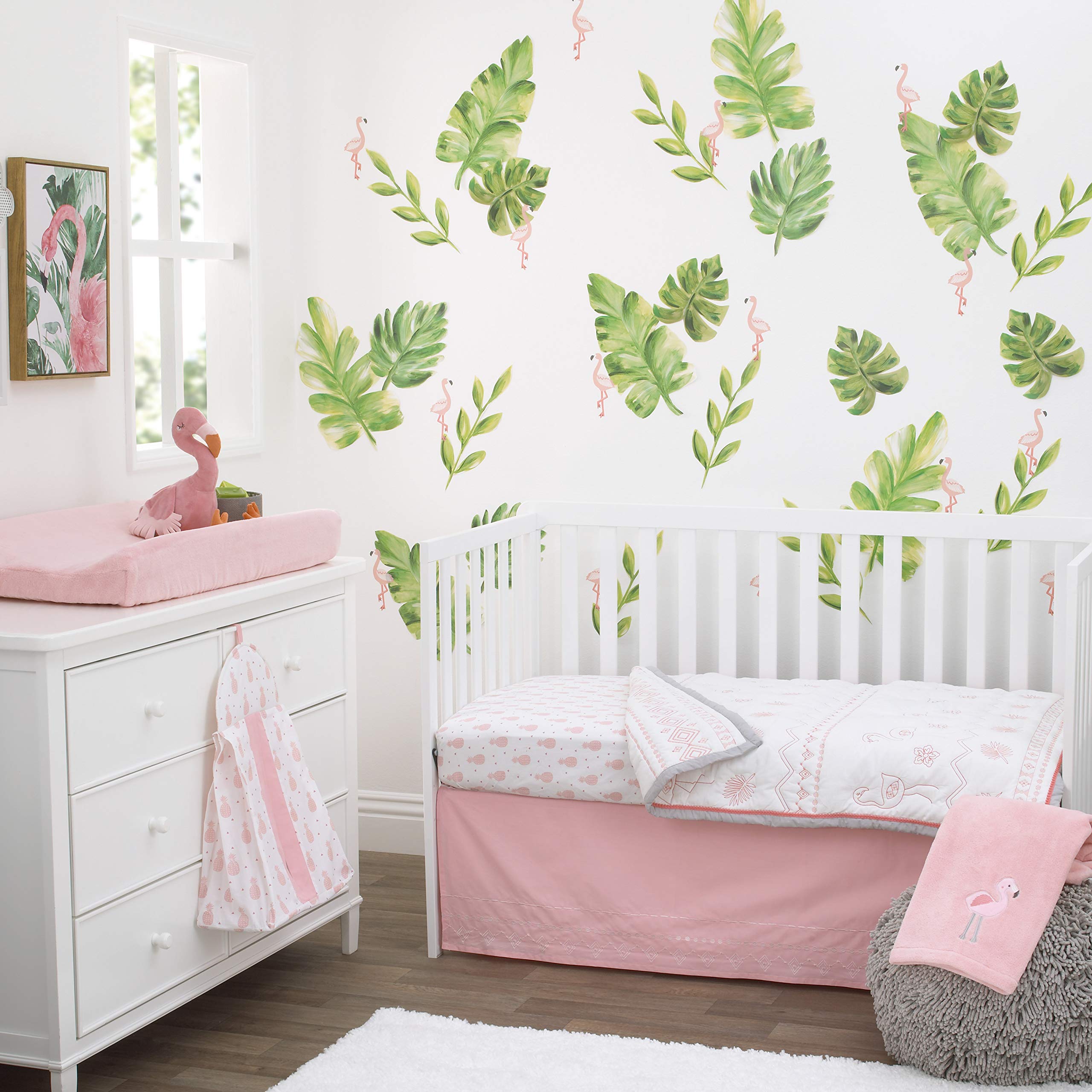 Nojo Tropical Flamingo Pink & White 100% Cotton 4-Piece Nursery Crib Bedding Set - Embroidered Quilt, Fitted Sheet, Dust Ruffle & Diaper Stacker - Soft Baby Crib Set for Girls & Boys - Perfect for Nursery Decor, Baby Shower Gift & Newborn Essentials
