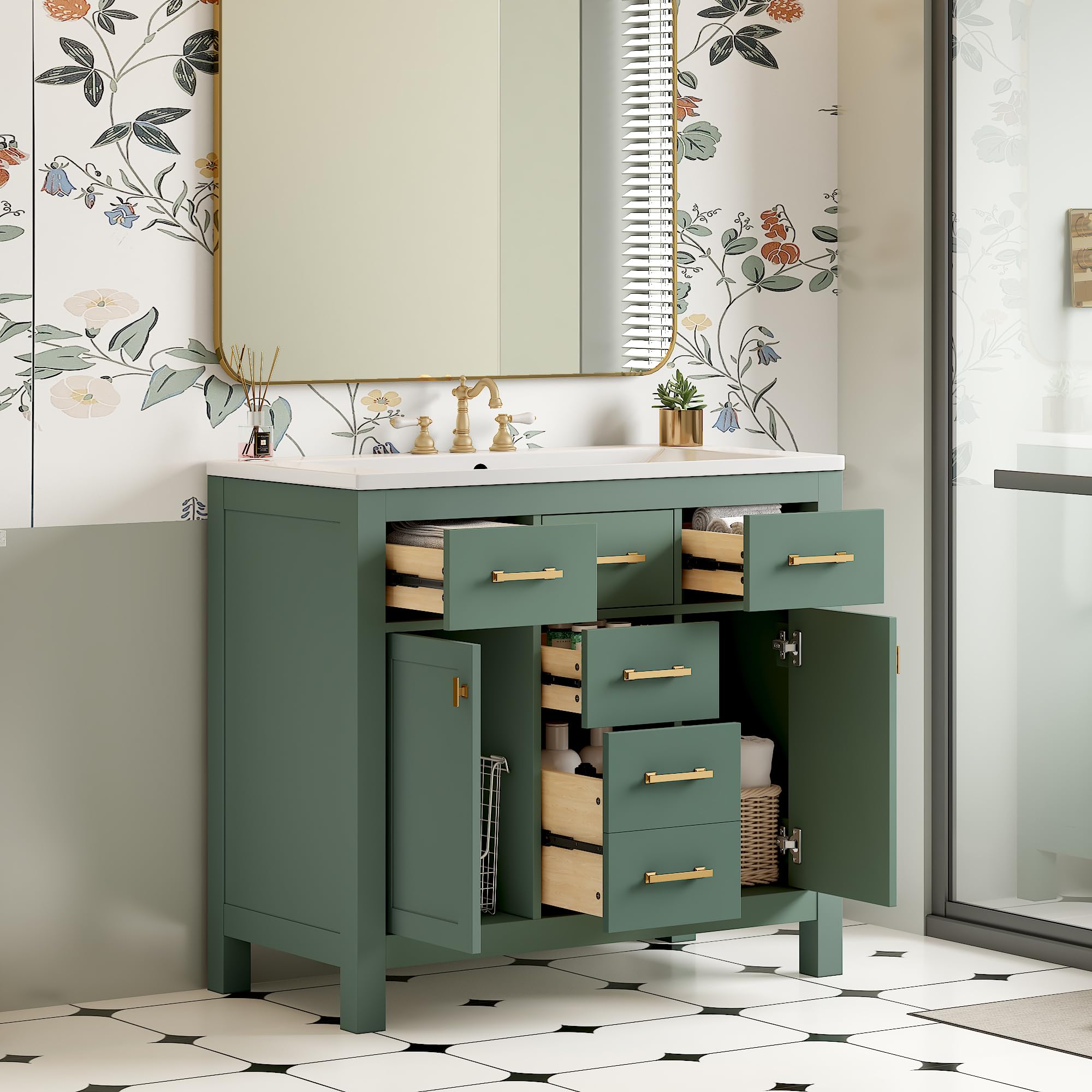 36 Inch Freestanding Bathroom Vanity with Undermount Resin Sink - Solid Wood Single Vanity with 4 Drawers & 2 Soft-Close Doors - Modern Green Bathroom Sink Cabinet for Small Bathrooms & Powder Rooms