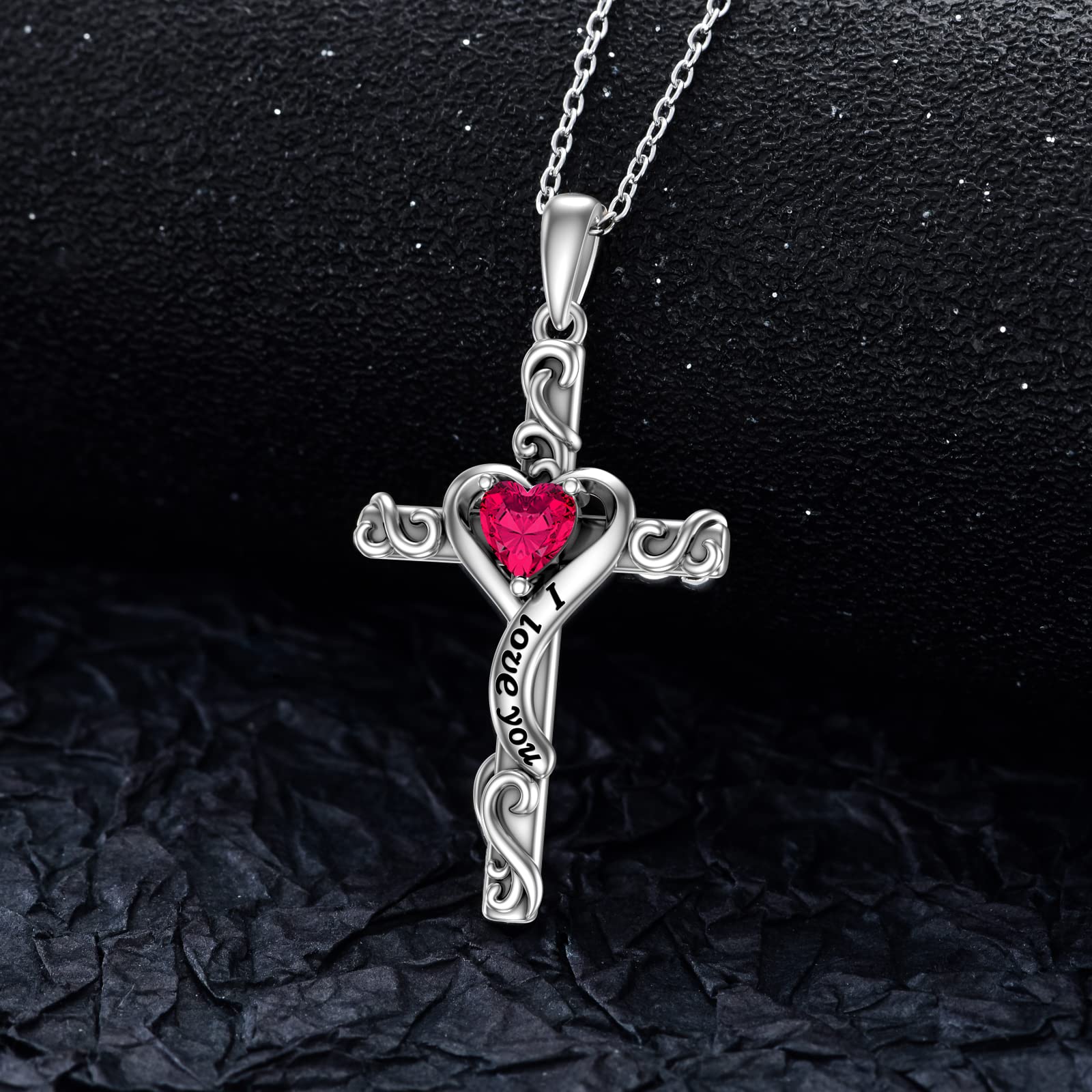 TOUPOP 925 Sterling Silver Birthstone Cross Necklace for Women - Heart Cross Pendant I Love You Jewelry, Perfect Anniversary & Birthday Gift for Mom, Wife, Daughter | Great for Weddings, Valentine's Day & Special Occasions