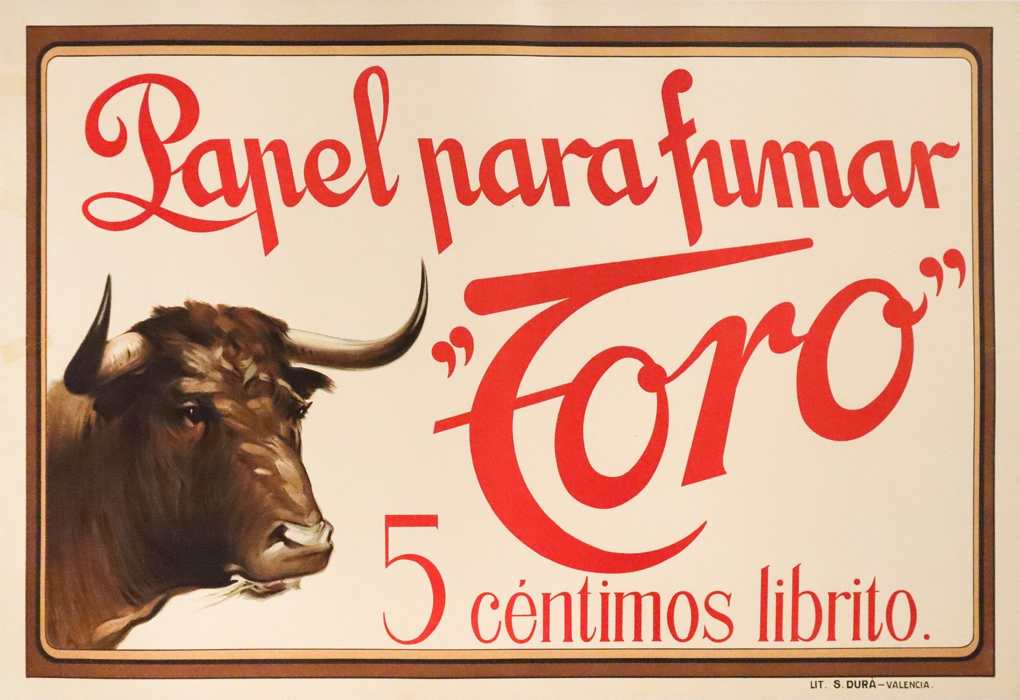 Vintage 1930s Spanish Rolling Paper Poster - Papel para Fumar Toro Ad | Retro Smoking Accessories Decor for Man Cave, Bar & Collectors