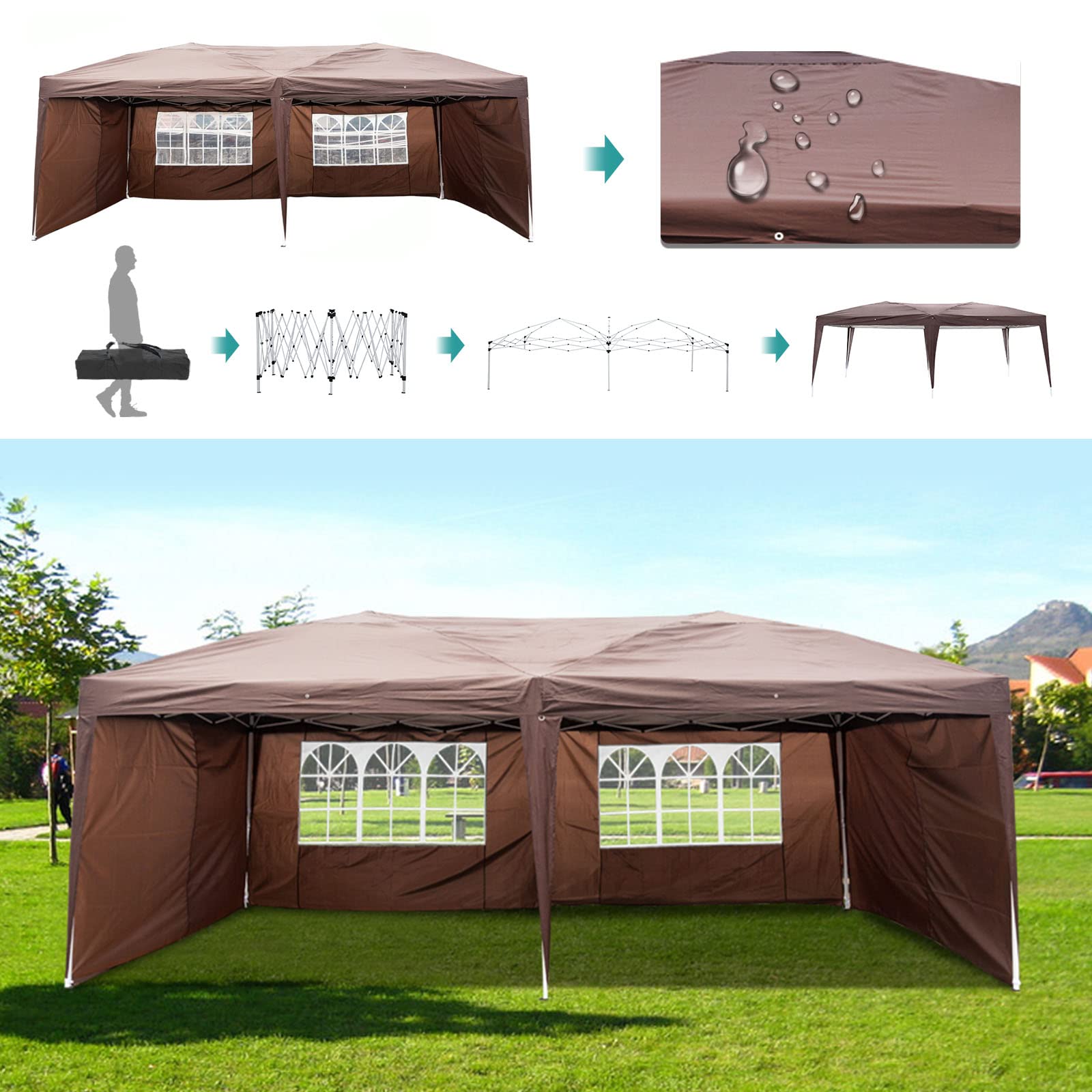 BELANITAS 10x20 FT Pop Up Canopy Tent with 4 Walls - 2 Doors & 2 Windows, Adjustable Height Folding Shelter for Outdoor Events, Parties, Farmers Markets & Camping - Brown