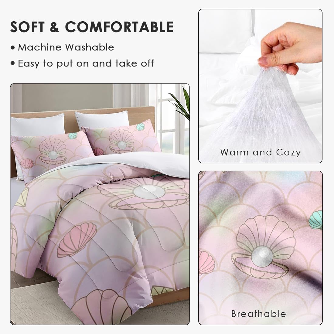 **King Size Mermaid Seashell Comforter Set - Soft Pink Ocean Bedding for Kids & Adults, Includes 2 Pillowcases - Perfect for Bedroom Decor & Coastal-Themed Rooms**