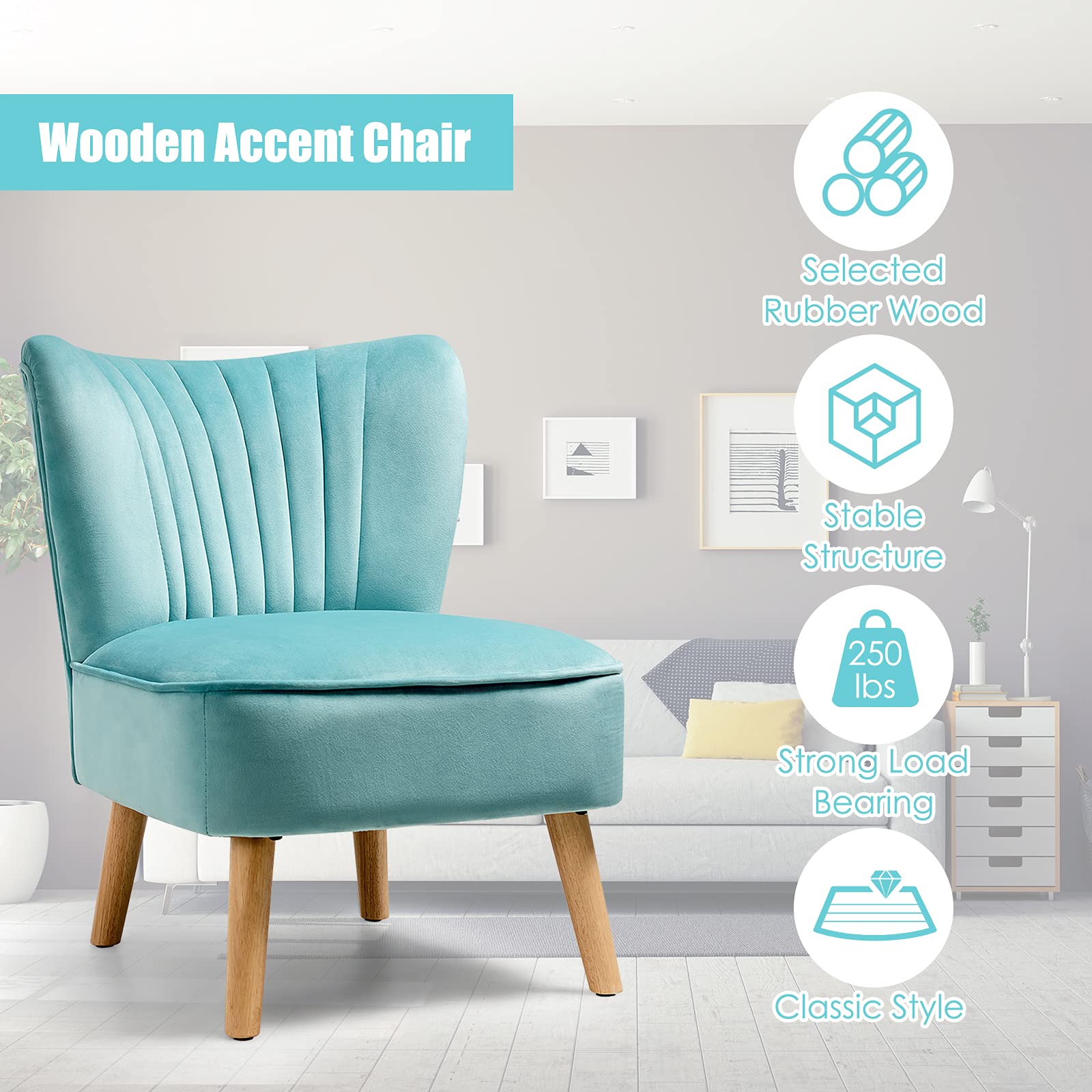 Velvet Modern Armless Accent Chair with Rubber Wood Legs & Thick Sponge Seat - Upholstered Wingback Sofa Chair for Living Room, Bedroom & Office - Turquoise Blue Leisure Chair for Reading Nook, Lounge & Small Spaces