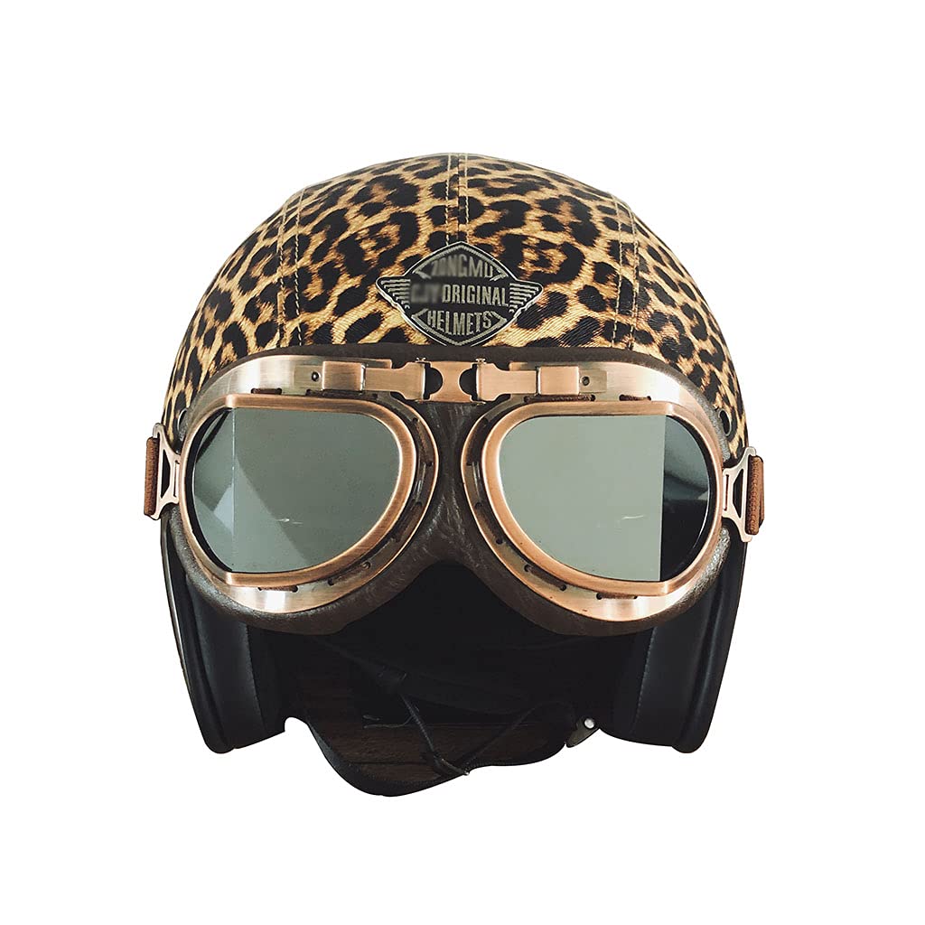 Sexy Leopard Print Retro Motorcycle Half Helmet for Men & Women - DOT Approved Open Face Leather Skull Cap with Bronze Mirror Visor - Vintage Chopper, Moped & Scooter Helmet for Cruising & Urban Riding