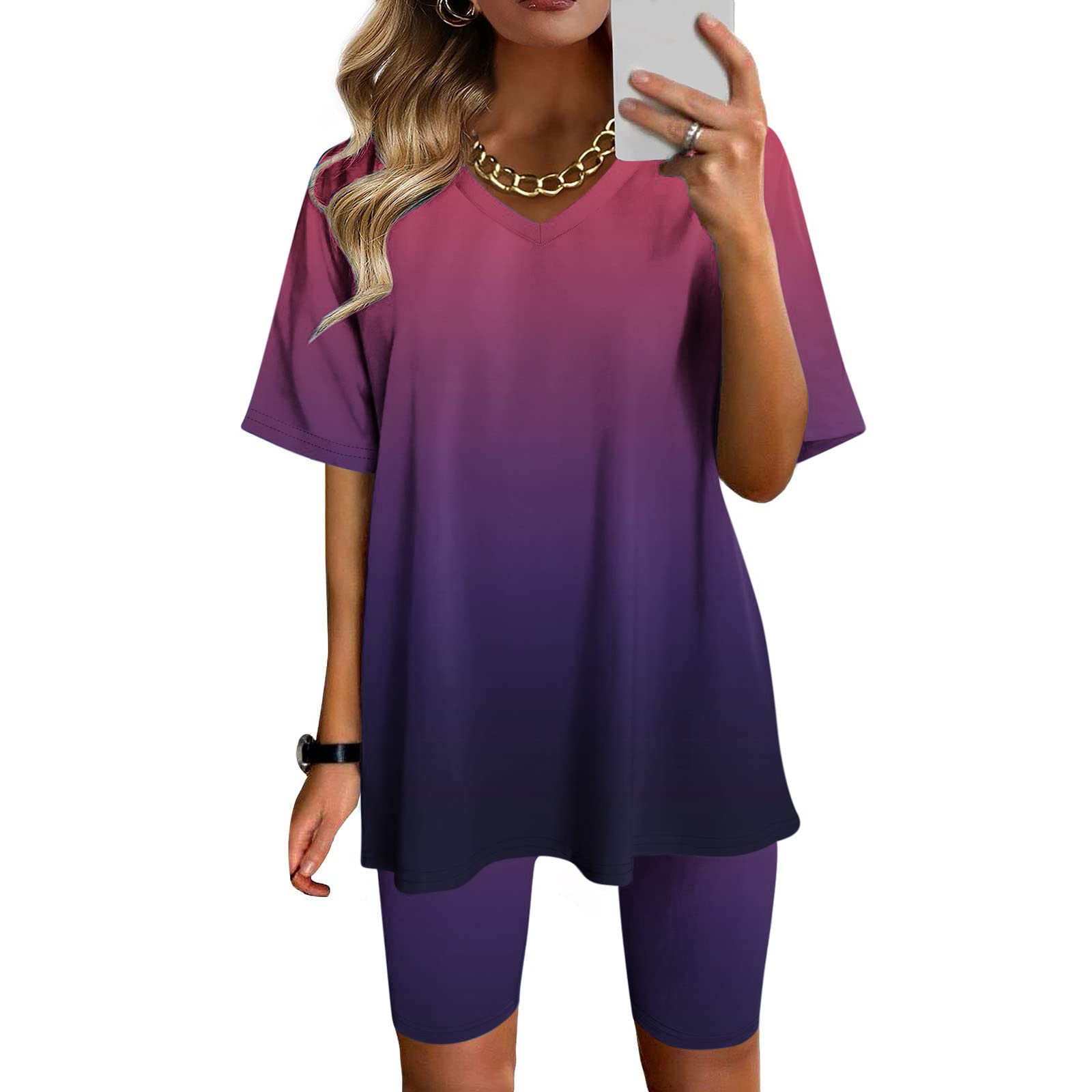 Women's 2 Piece Workout Sets - Oversized V Neck T-Shirt & Biker Shorts Summer Sports Outfit | Gym, Yoga, Running & Casual Wear