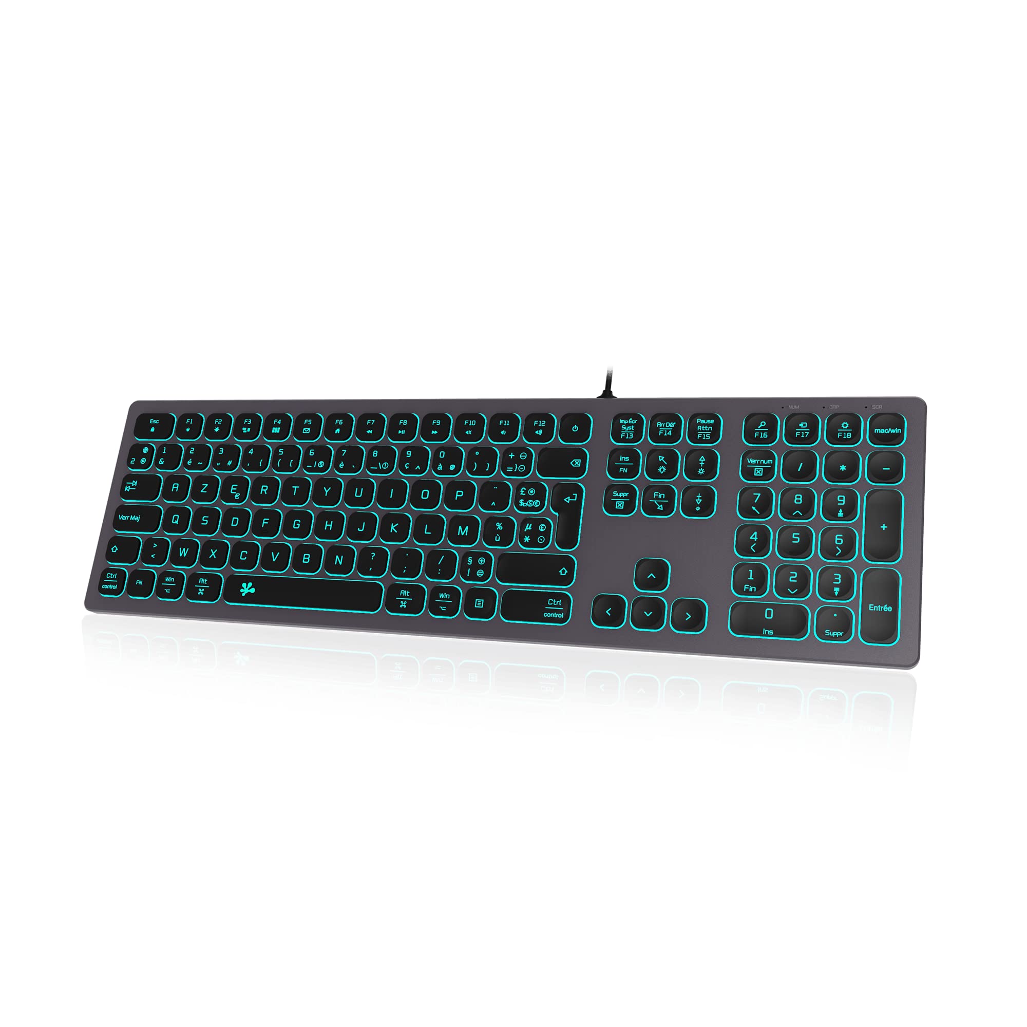 B.FRIENDIT Slim Wired Backlit Keyboard with Aluminum Case, Numeric Keypad & RGB Lighting - USB Mechanical Keyboard for iMac, MacBook, Windows PC (AZERTY Layout, Grey) - Perfect for Gaming, Office Work & Typing