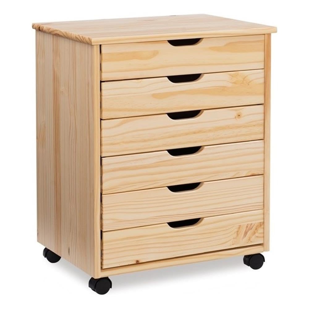 Linon Callie 6-Drawer Rolling Dresser - Natural Wood File Storage Cabinet with Wheels for Office, Bedroom, or Living Room Organization