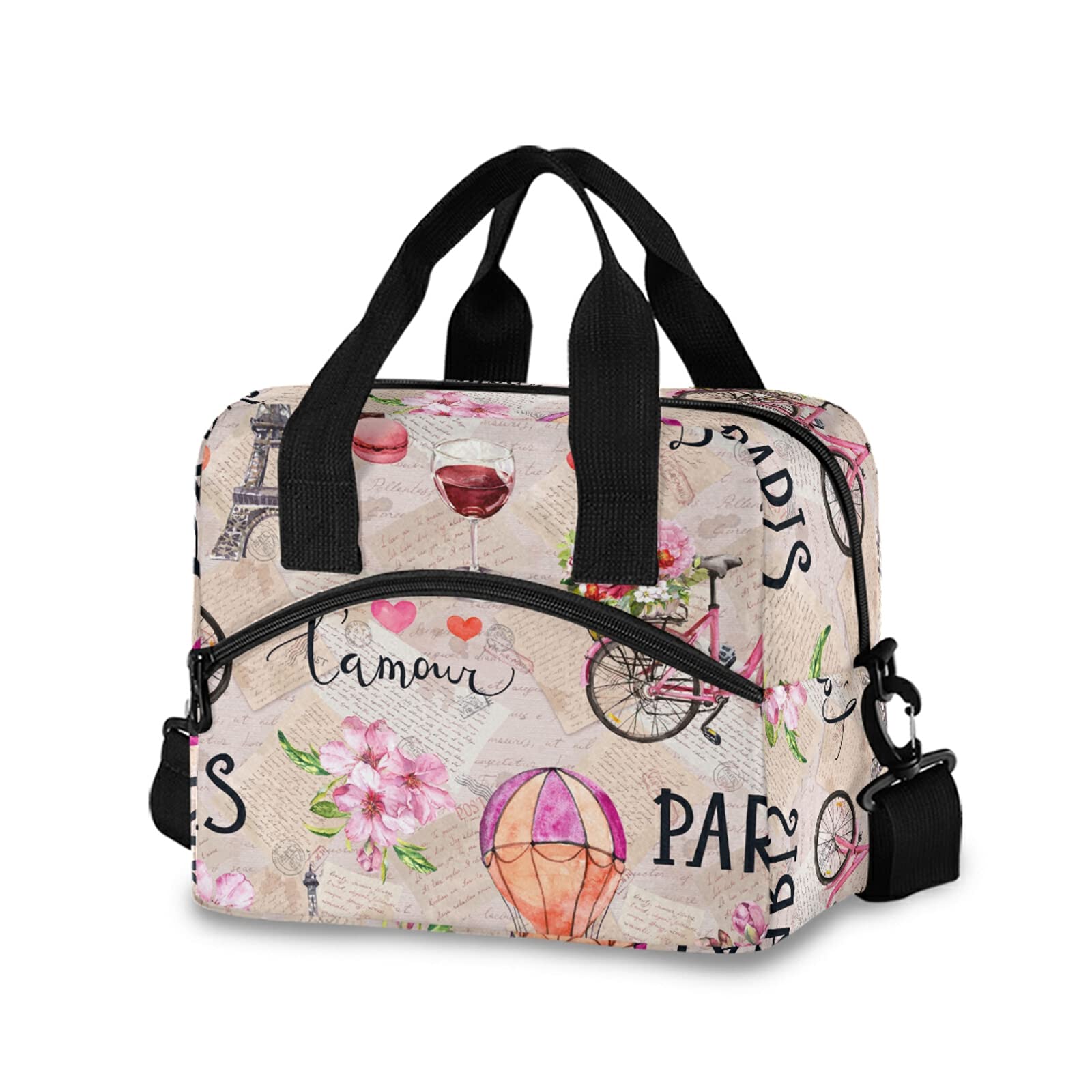Insulated Lunch Bag Cooler Tote for Women - Large Eiffel Tower Pink Floral Design, Adjustable Shoulder Strap, Portable for Travel, School, Work, Biking & Outdoor Activities