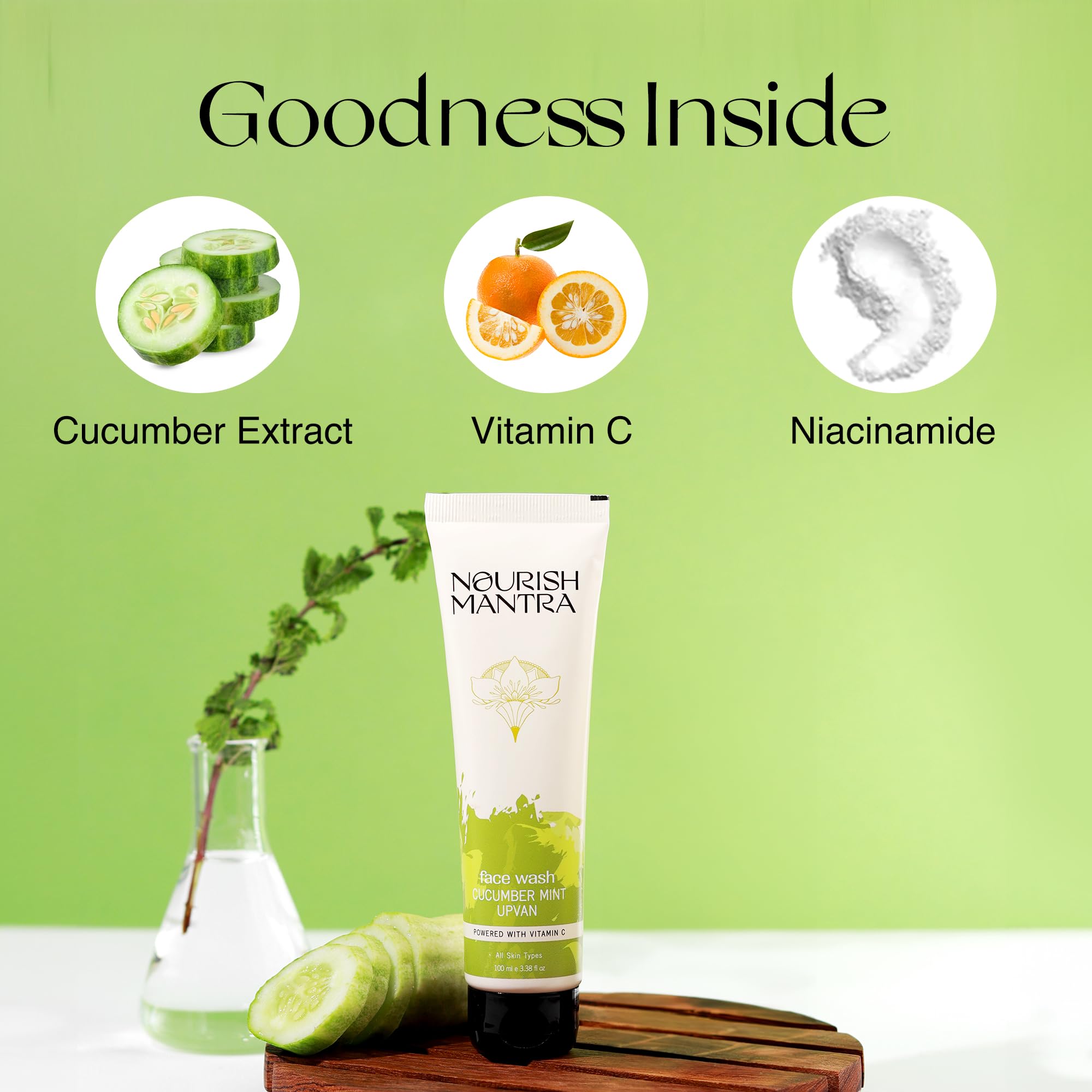 Nourish Mantra Cucumber Mint Upvan Face Wash (100ml) - Vitamin C, Cucumber & Niacinamide Infused | Gentle Cleanser for All Skin Types | Paraben & SLS/SLES Free | Hydrating & Refreshing for Daily Skincare Routine