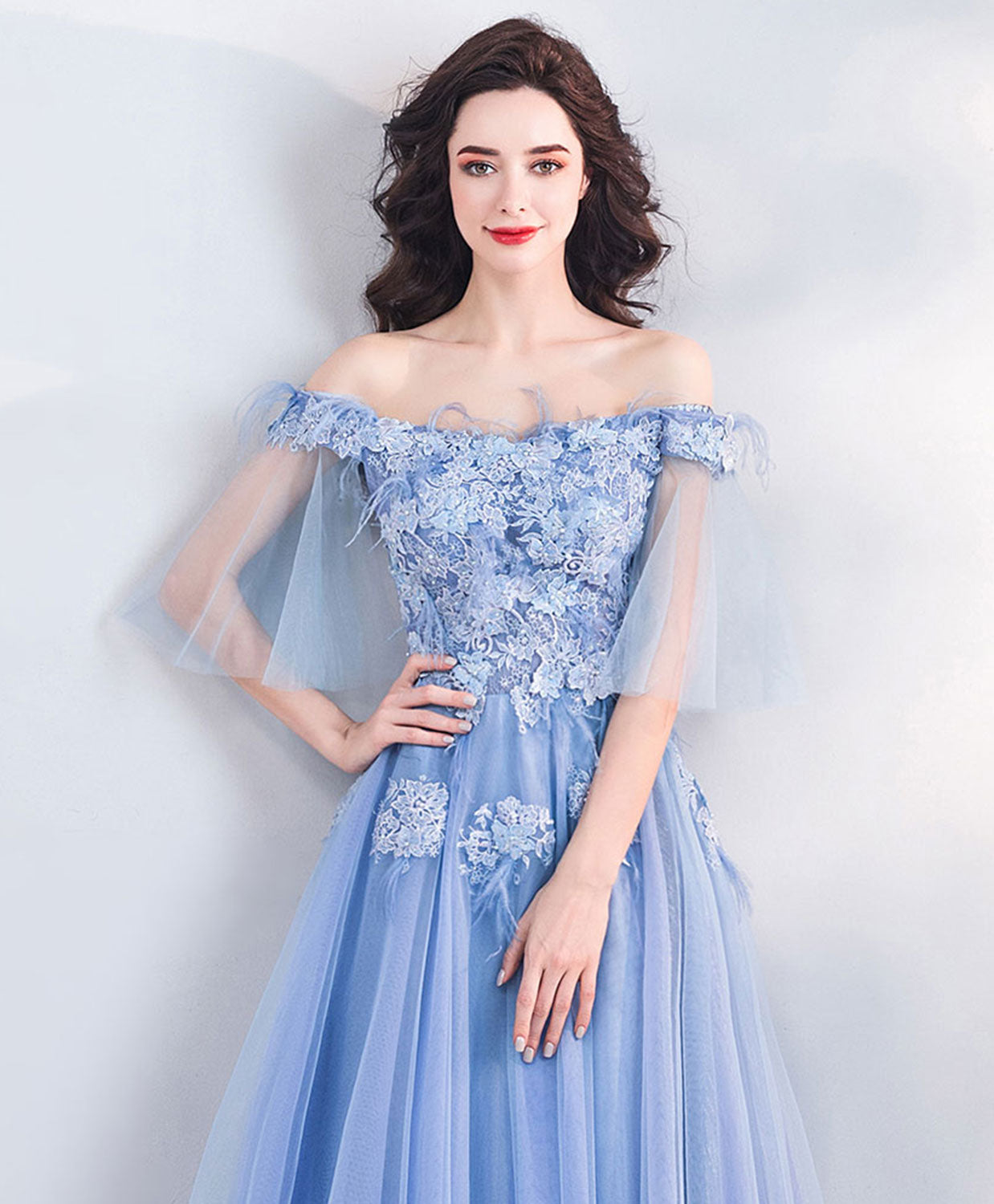 Elegant Blue Tulle Off-Shoulder Long Prom Dress | Formal Evening Gown for Homecoming, Wedding & Special Occasions