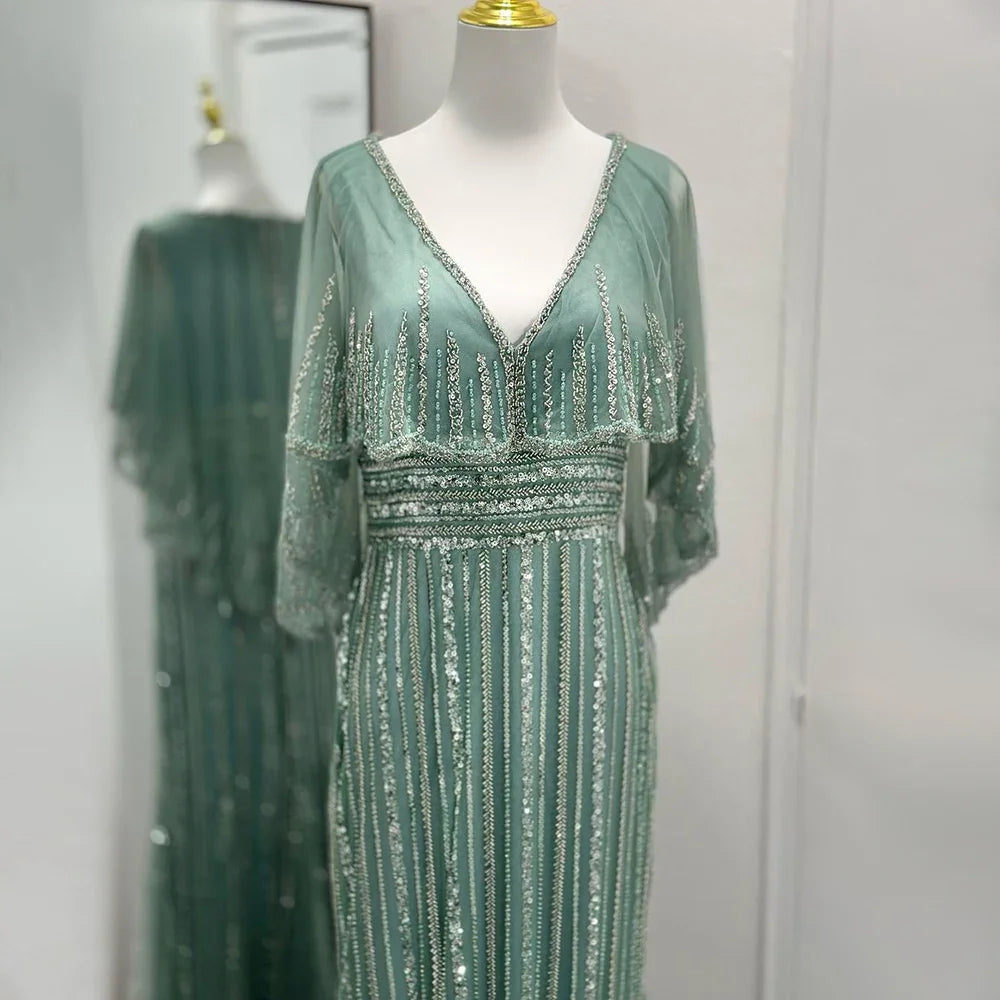 Elegant Turquoise Mermaid Evening Gown with Beaded Cape - Luxury Dubai Style Wedding Dress for Women | Perfect for 2025 Weddings, Formal Parties & Red Carpet Events