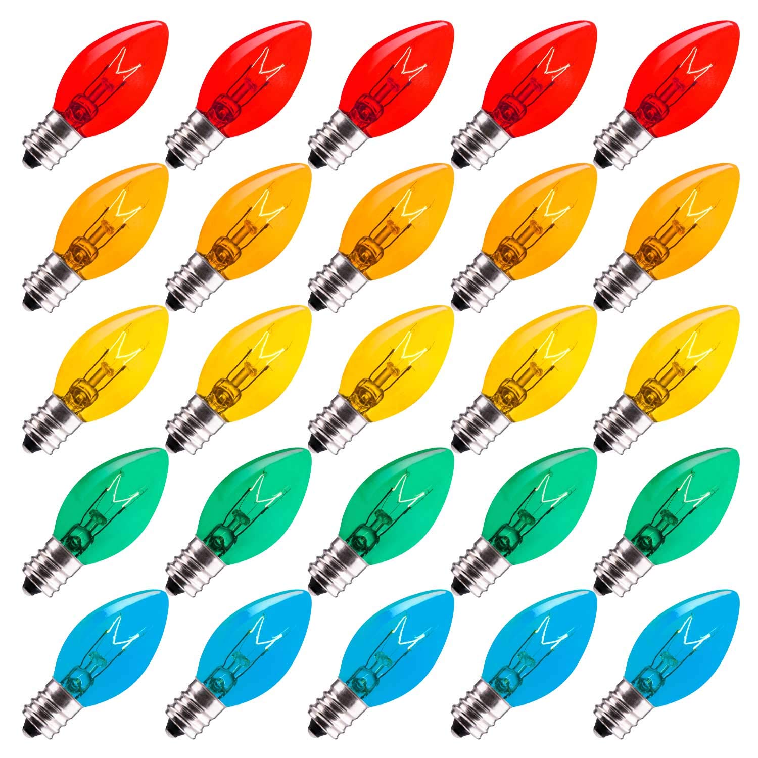 Brightown 50-Pack C7 Christmas Replacement Bulbs - Clear Multi-Color Incandescent Light Bulbs with E12 Candelabra Base (5W) for Holiday Decorations, Tree Lights & Outdoor Christmas Light Strings - Perfect for Home, Party & Festive Decor