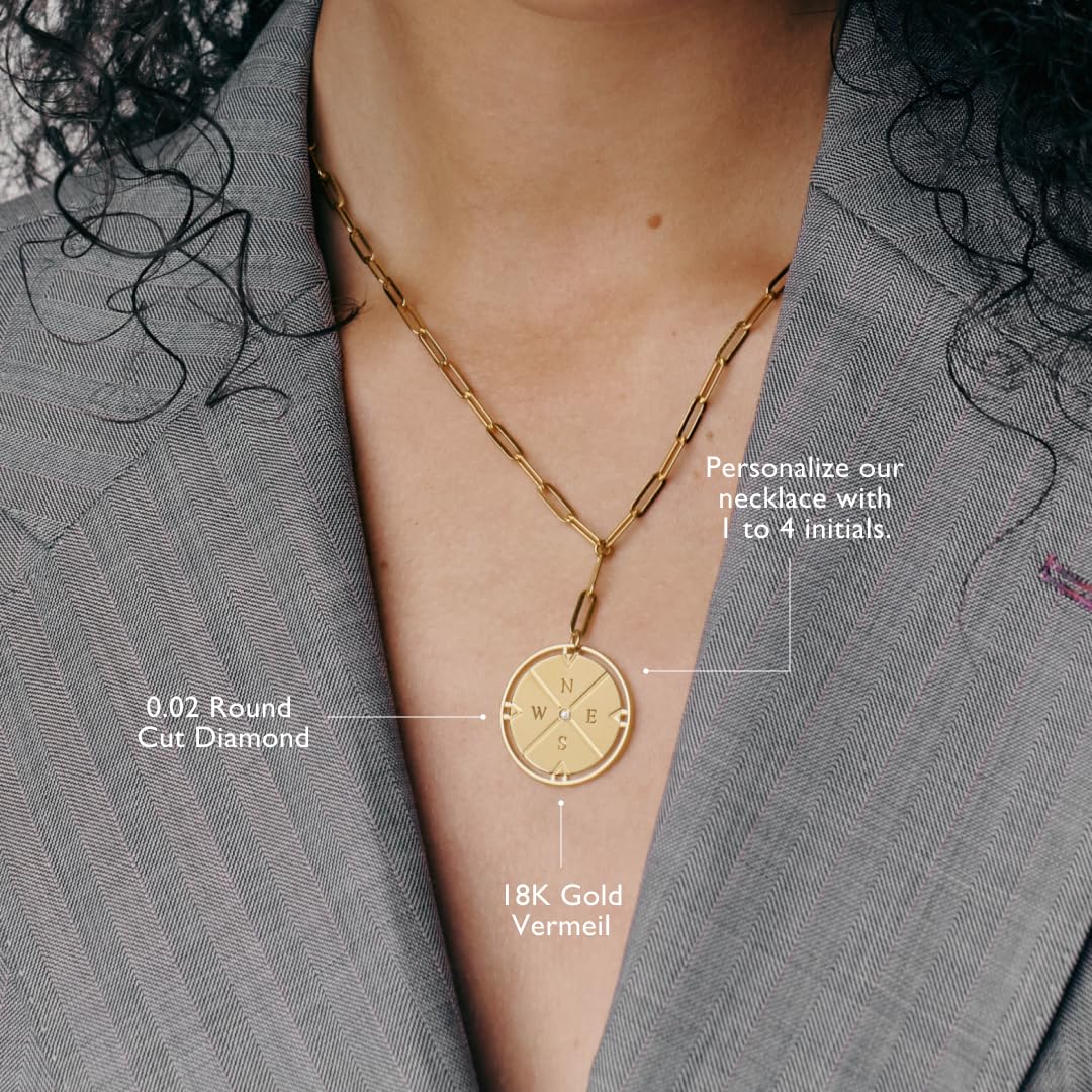 Oak & Luna Personalized Engraved Compass Necklace with Diamond - Custom Initials Interlocking Pendant Jewelry for Women - Perfect Gift for Birthday, Mother's Day, Christmas - Ideal for Travel Lovers & Special Occasions