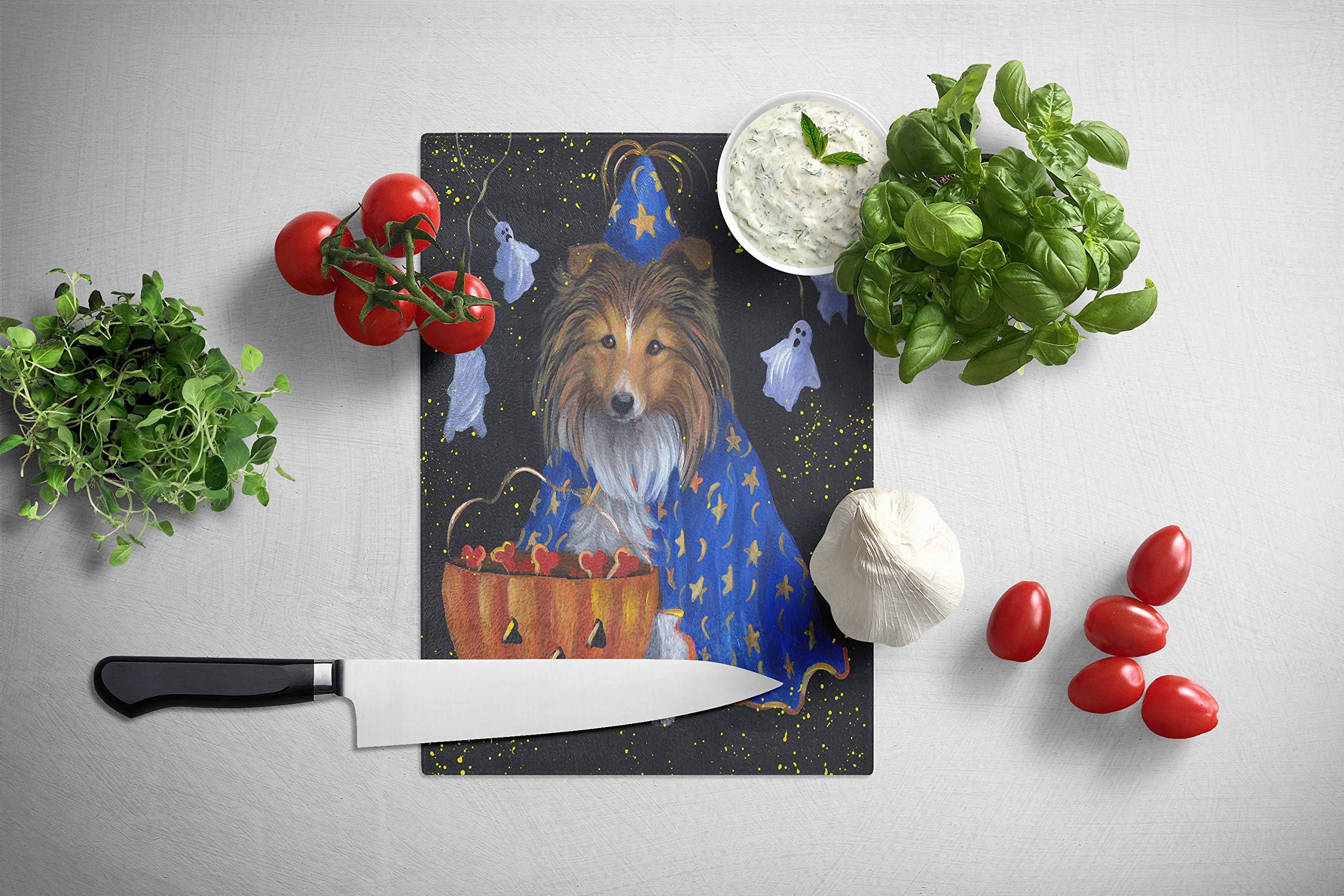 Caroline's Treasures PPP3186LCB Sheltie Halloween Witch Tempered Glass Cutting Board - Large Decorative Kitchen Chopping & Serving Board for Halloween Parties, Thanksgiving, and Holiday Entertaining