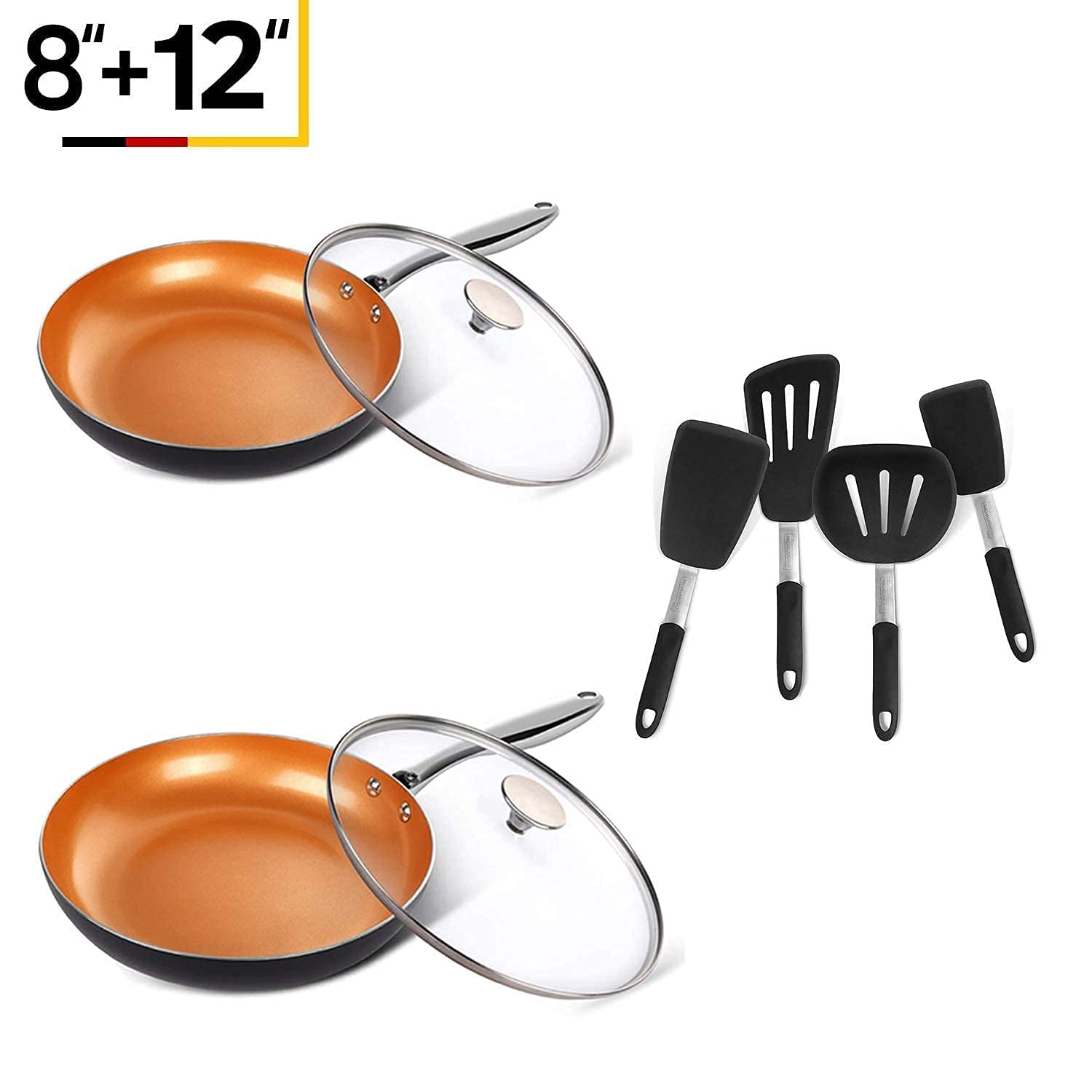 MICHELANGELO 8 & 12 Inch Nonstick Copper Frying Pan Set with Titanium Ceramic Coating & Lid - 4-Piece Silicone Spatula Turner Included - Perfect for Sautéing, Frying & Cooking Eggs, Pancakes & Stir-Fry