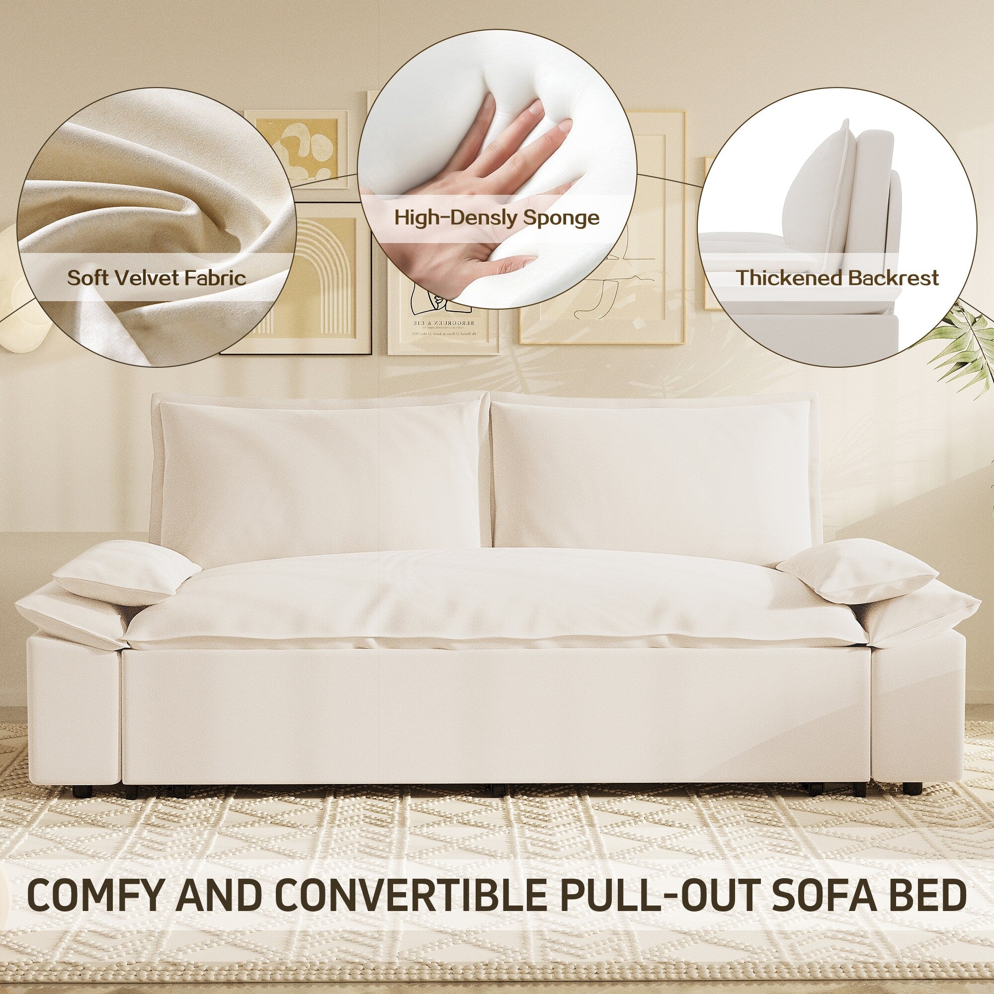 3 in 1 Convertible Sleeper Sofa Bed - Queen Size Pull Out Couch with Velvet Upholstery & Pillows - Space Saving Furniture for Small Apartments, Guest Rooms & Home Offices
