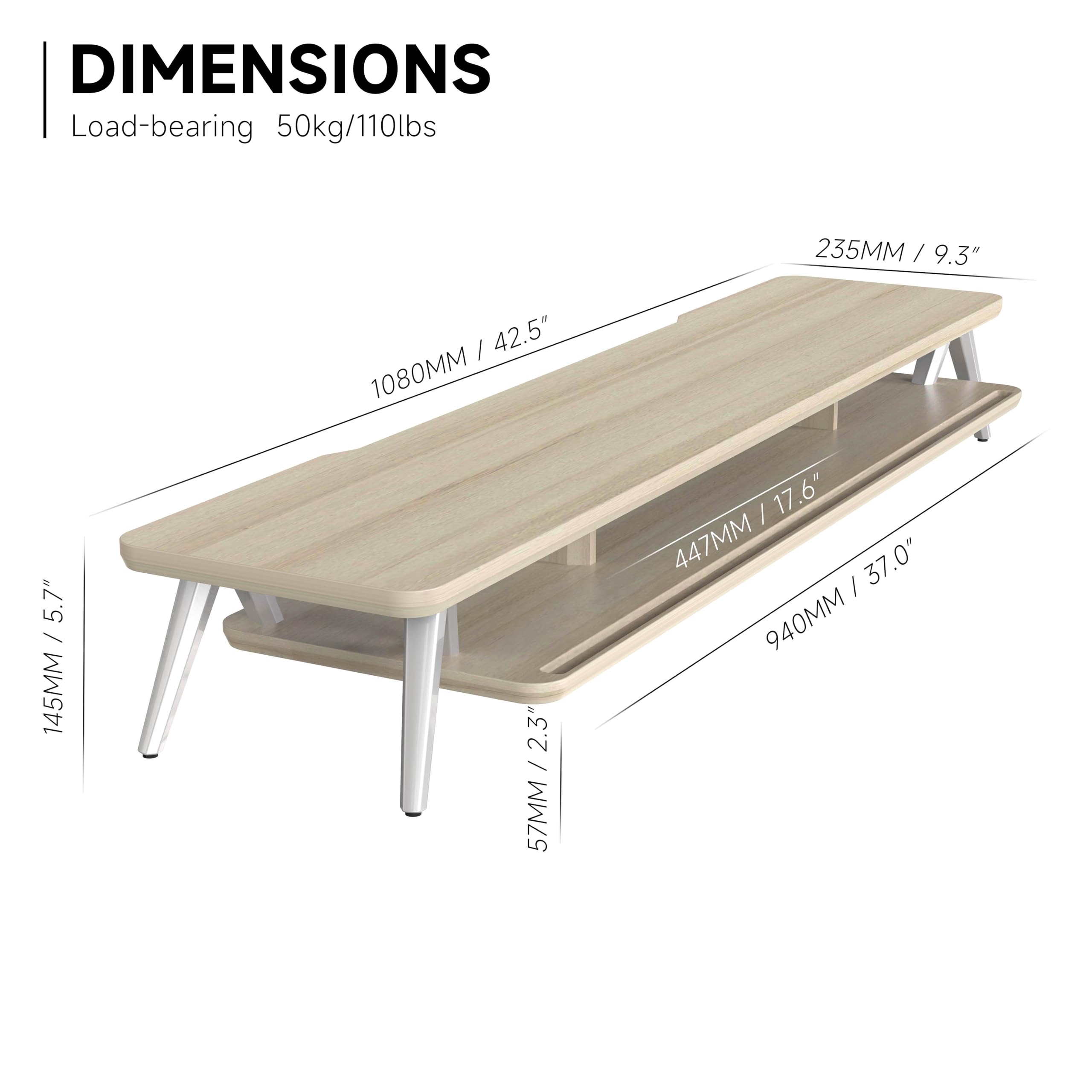 Dual Monitor Stand for 2 Screens - 42.5 Inch Wooden Desk Shelf with Storage Organizer & Cable Management | Office Desk Accessories for Home & Workspace Organization
