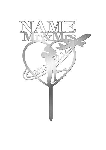 Custom Mr & Mrs Wedding Cake Topper - Personalized Airplane Heart Design in Wooden Acrylic with Glitter Mirror Finish (Mirror Silver) - Perfect for Anniversary, Engagement & Romantic Celebration Cakes