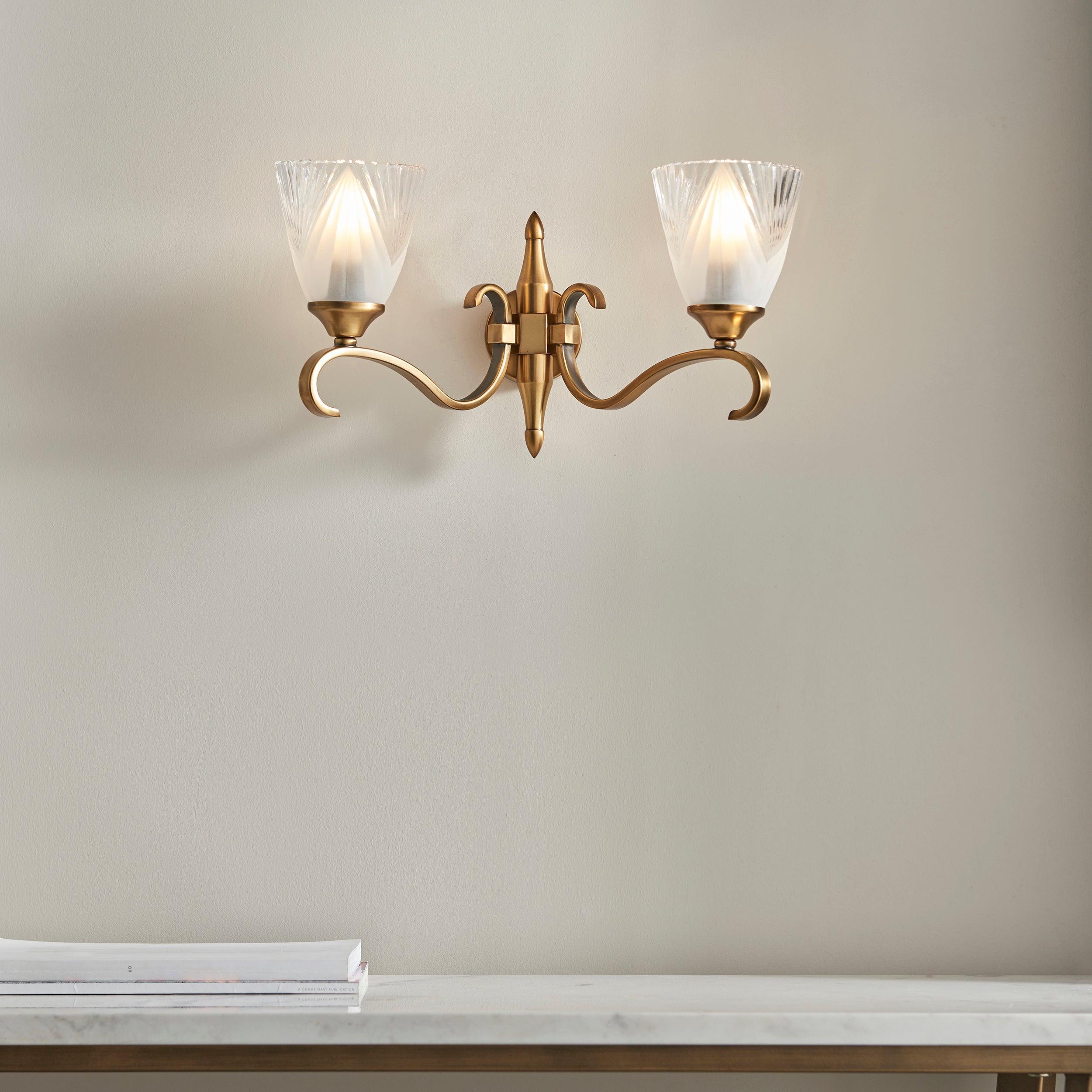 Columbia Brass Twin Wall Light with Cut Glass Shades - Vintage Style Sconce for Living Room, Bedroom, or Hallway Lighting