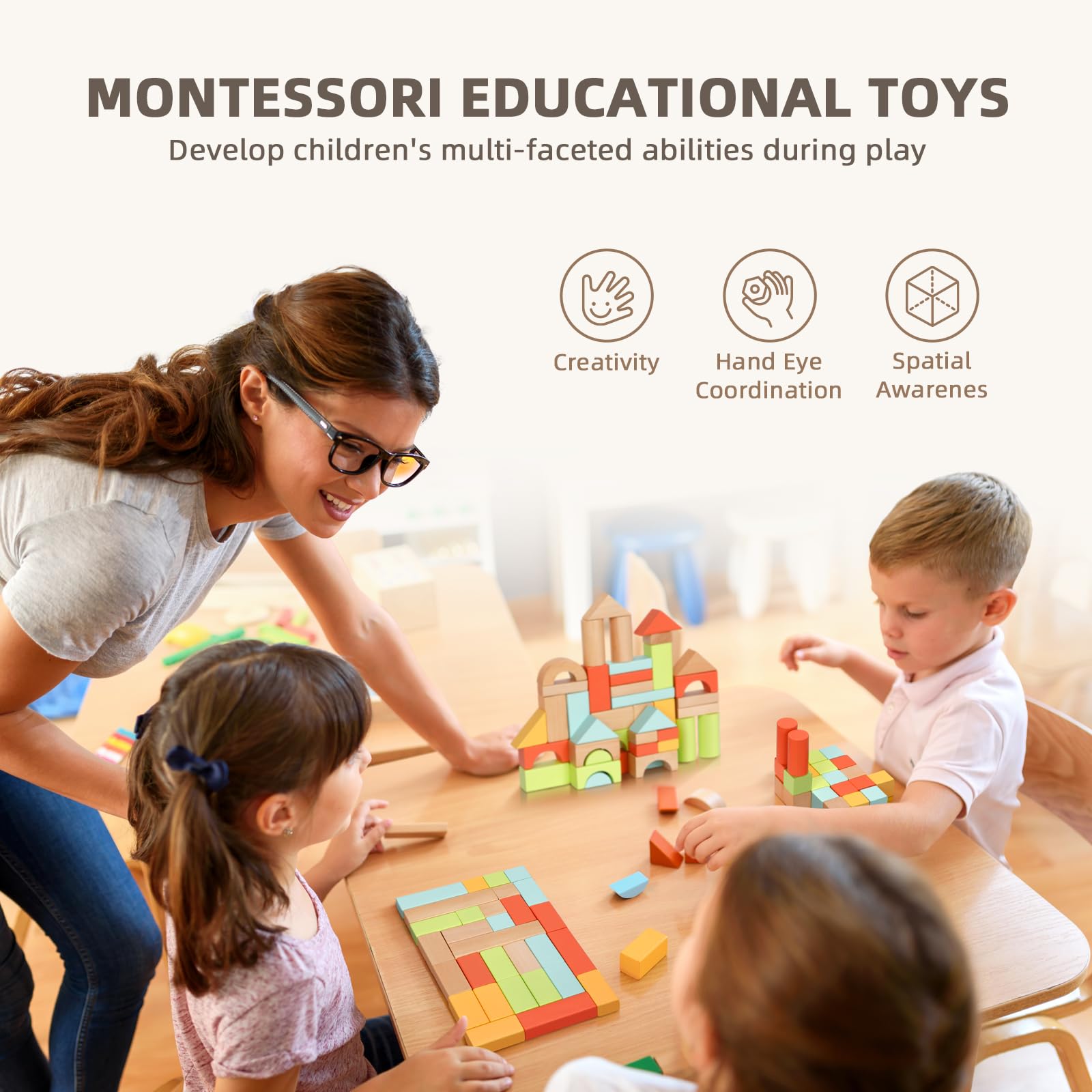 Wooden Building Blocks for Toddlers 1-3 with Storage Bucket - Montessori Learning Toys for Preschool Kids | Creative Play & Early Education
