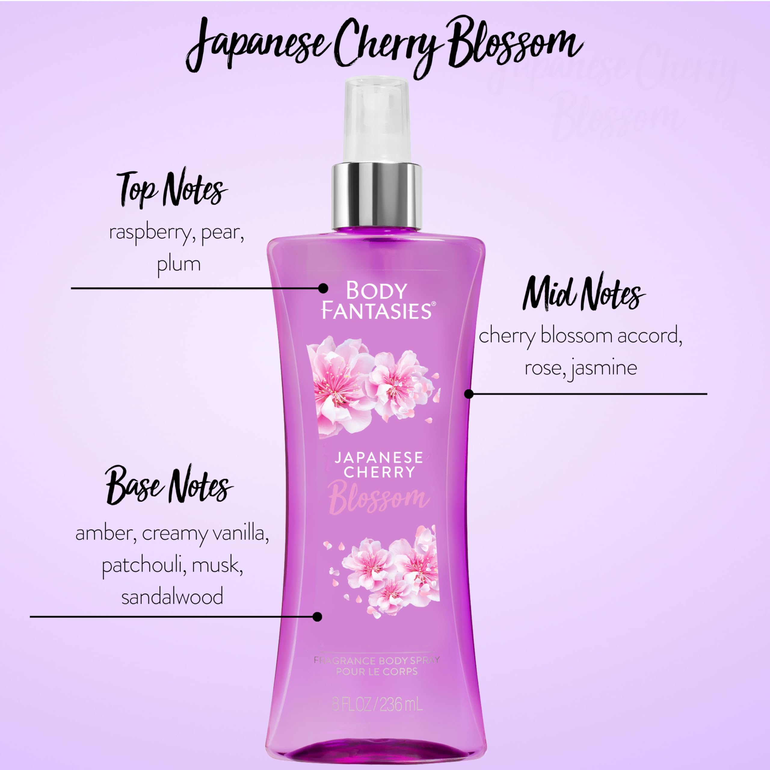 Body Fantasies Japanese Cherry Blossom Fragrance Body Spray - 8 fl oz (2 Pack) | Floral Perfume Mist for Women, Long-Lasting Fresh Scent | Perfect for Daily Use, Work, Gym & Date Night