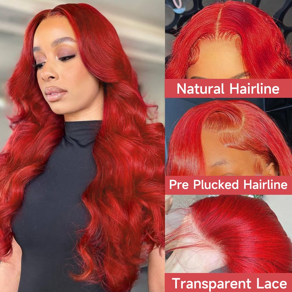 13x4 HD Lace Front Wig Human Hair - 30 Inch Red Body Wave Pre Plucked Glueless Wig 180% Density | Perfect for Cosplay, Halloween, Daily Wear & Special Occasions