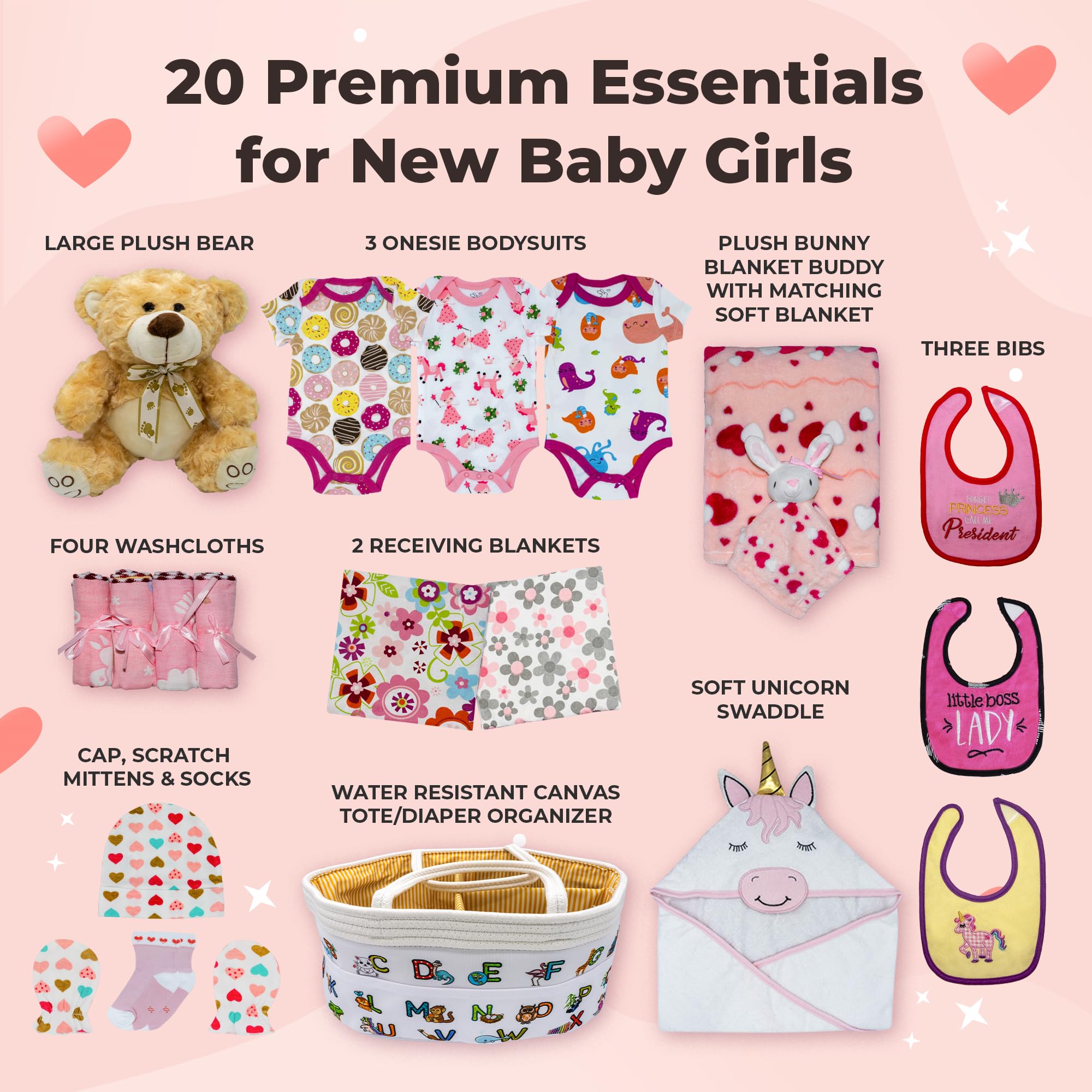 Joyful Arrival Deluxe Baby Girl Gift Basket - 20-Piece Newborn Gift Set for Expecting Moms | Gender Reveal & Baby Shower Present | Pink Baby Gift Basket with Plush Blanket, Onesies & Essentials | Perfect for Hospital Welcome & New Mom Care Package