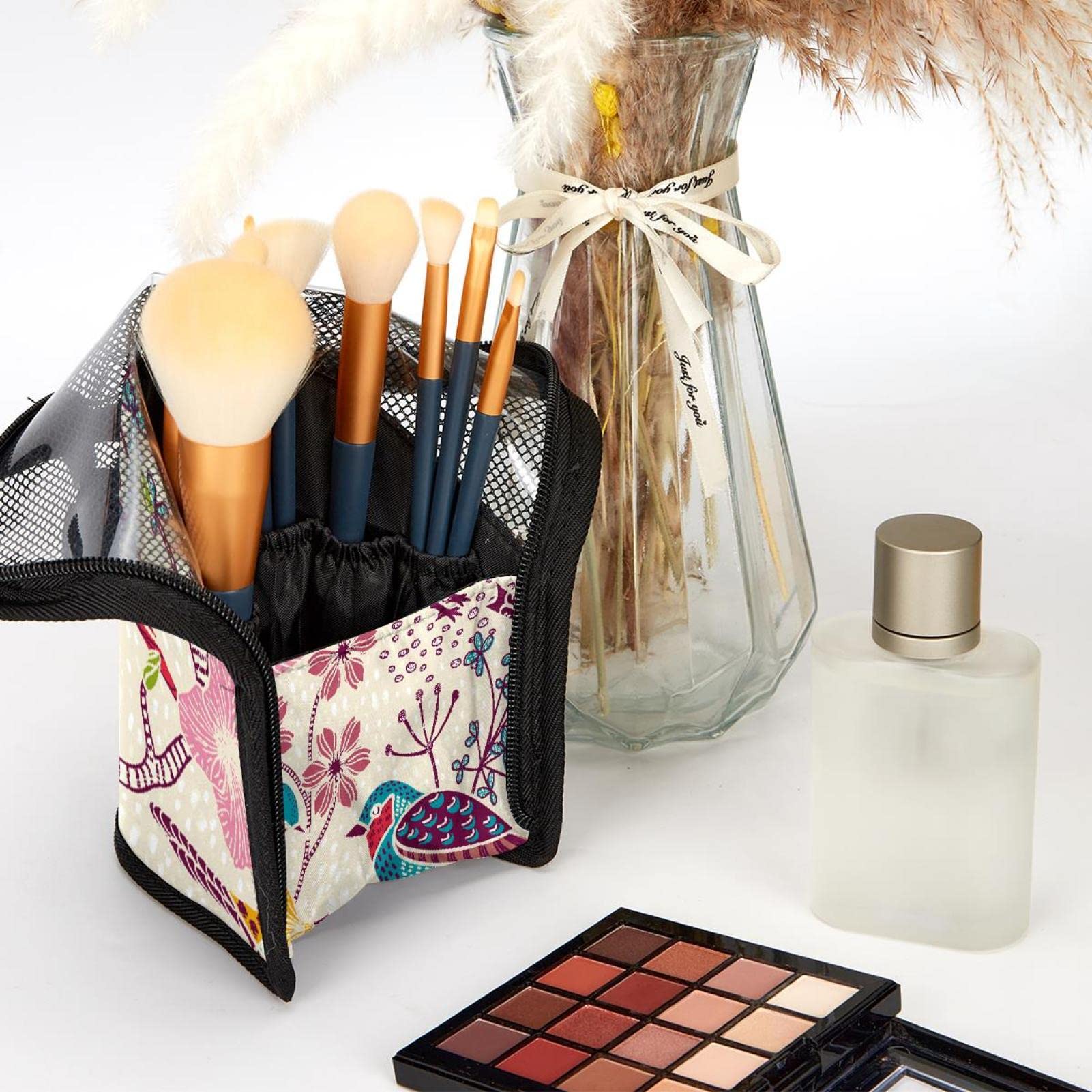 12-Piece Makeup Brush Organizer Bag with Colorful Birds & Flowers Design - Portable Travel Cosmetic Brush Holder Case for Professional & Home Use