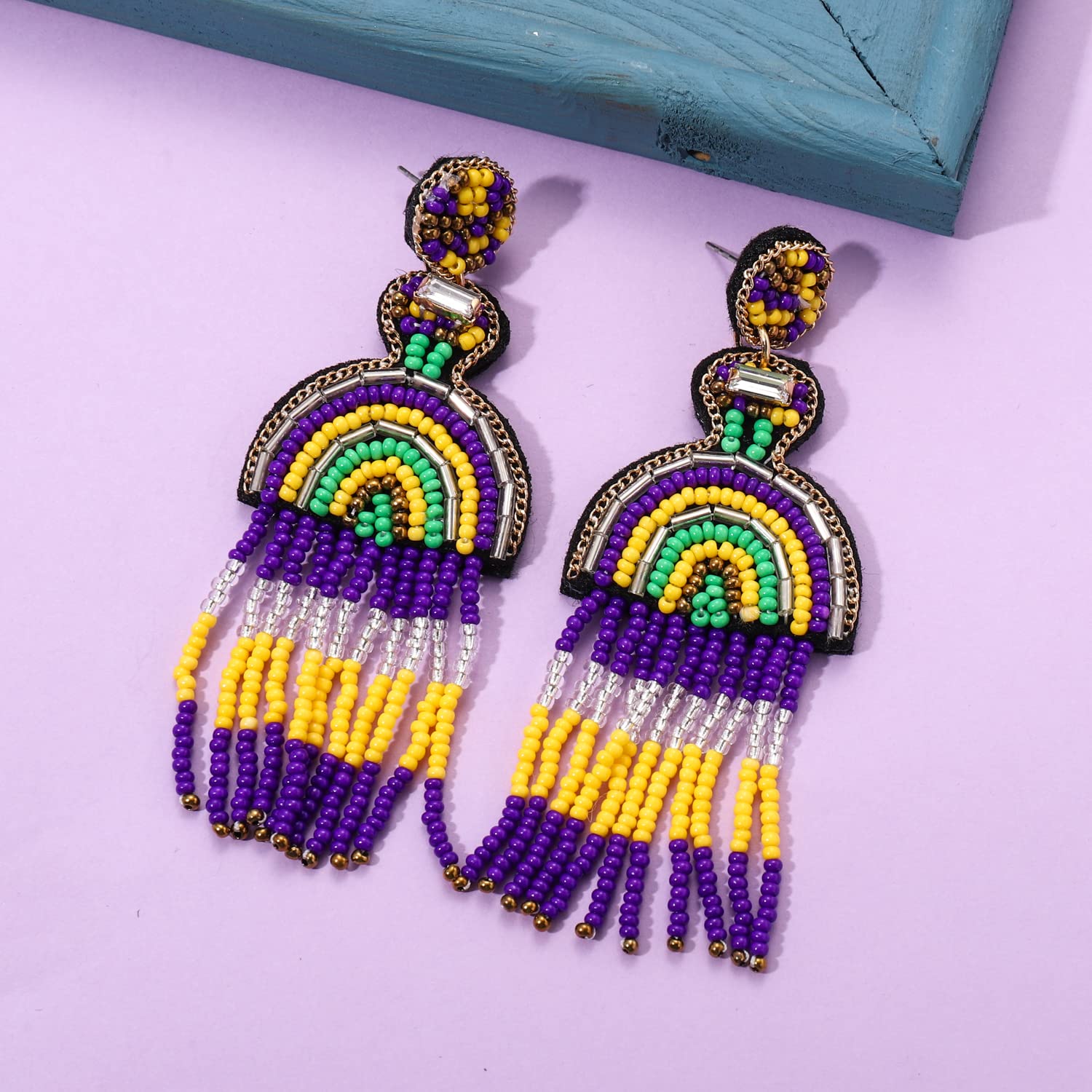 Handmade Beaded Mardi Gras Earrings for Women - Fleur De Lis Drop Dangle Earrings with Crown Design | Costume Party, Parade & Festival Accessories | Perfect Holiday Gift for Carnival, New Orleans Events & Themed Parties