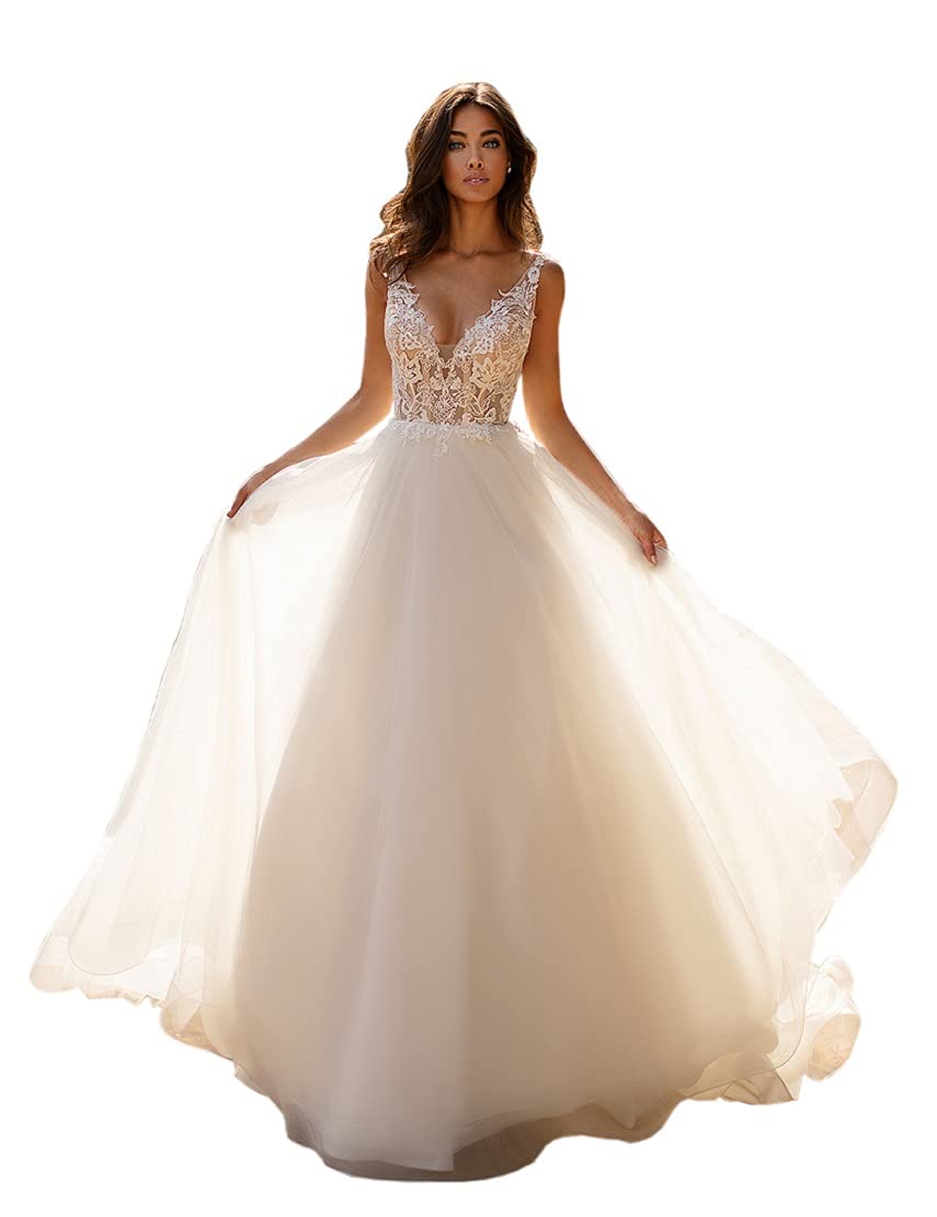 Stylefun Women's Elegant V-Neck Mermaid Wedding Dress with Lace Appliques - 2022 Bridal Gown for Bride - Perfect for Beach Weddings, Church Ceremonies & Romantic Photoshoots