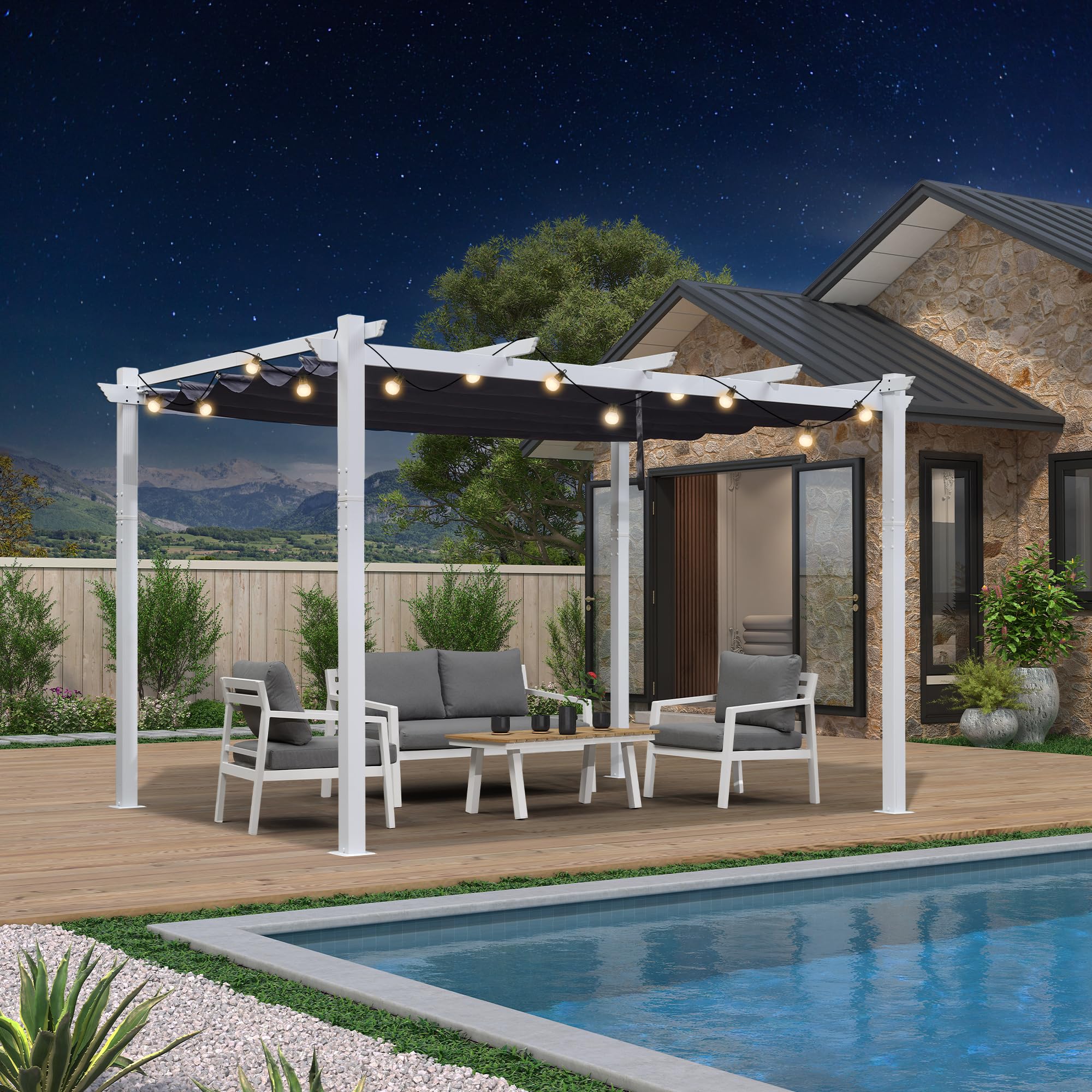 PURPLE LEAF 10'x13' Retractable Canopy Pergola Gazebo - White Metal Patio Cover with 24FT Outdoor String Lights for Backyard, Deck & Garden (Navy Blue) | Perfect for Outdoor Entertaining & Relaxation