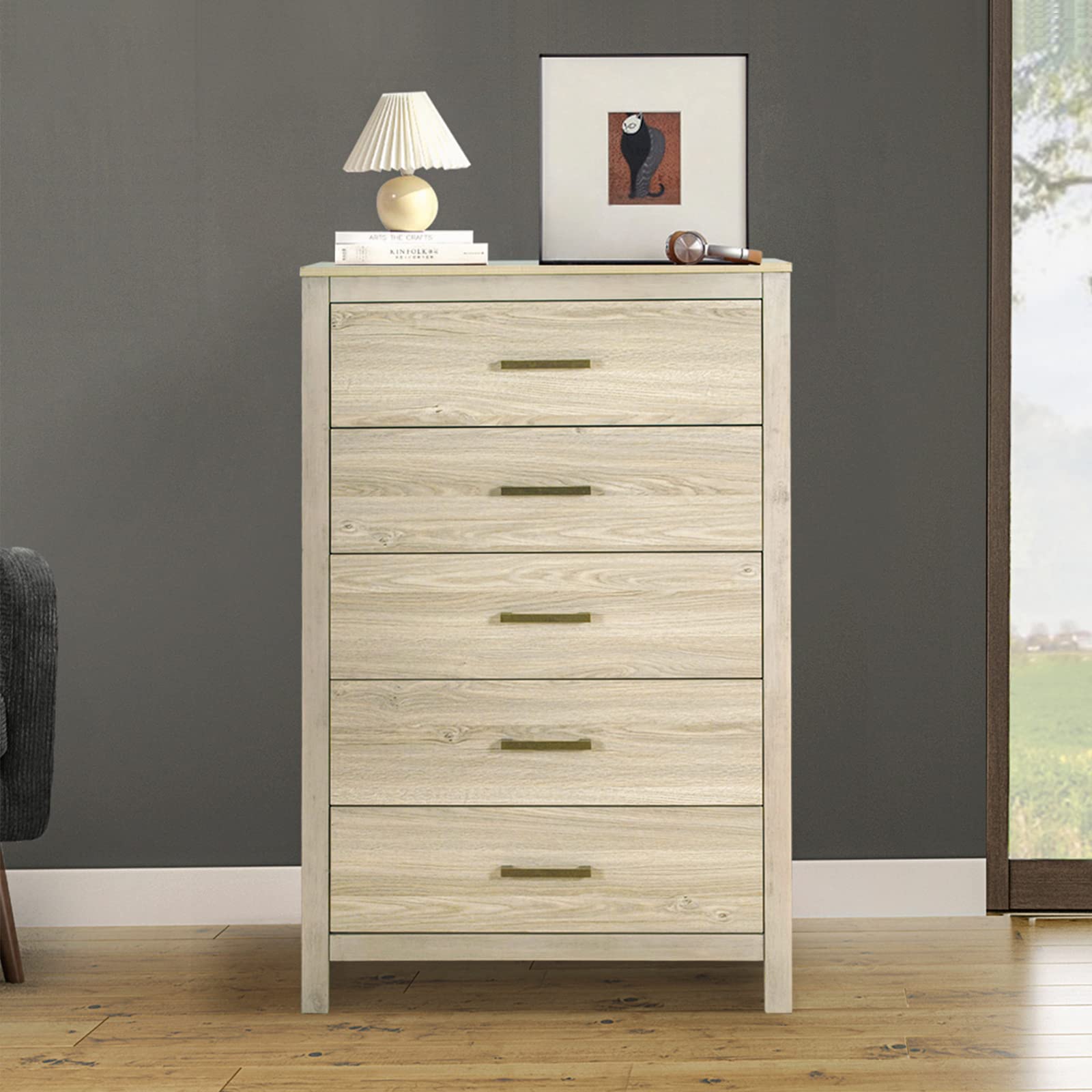 HULALA HOME 5-Drawer Wood Dresser for Bedroom - Modern Tall Chest of Drawers with Storage Organizer - Space-Saving Maple Wood Furniture for Small Spaces - Perfect for Bedroom, Closet & Apartment Organization