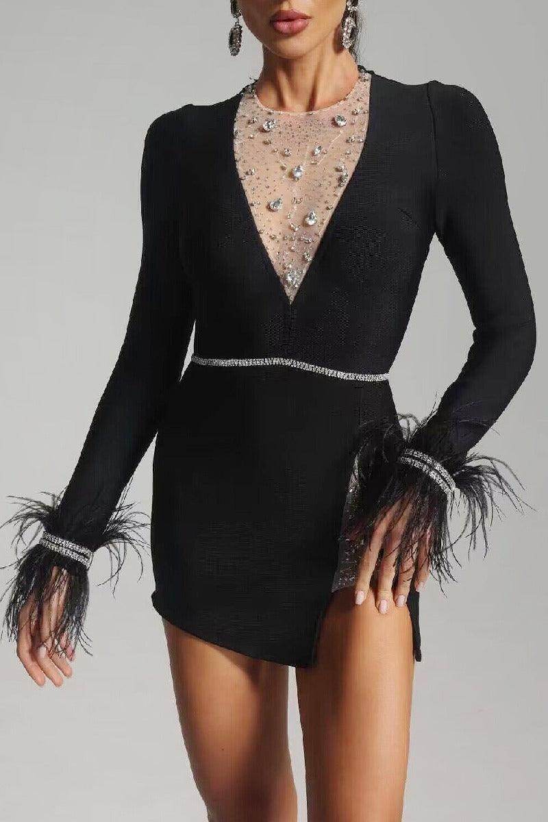 Elegant Black Feather Long Sleeve Bandage Cocktail Dress for Women - Perfect for Evening Parties, Date Nights & Special Occasions