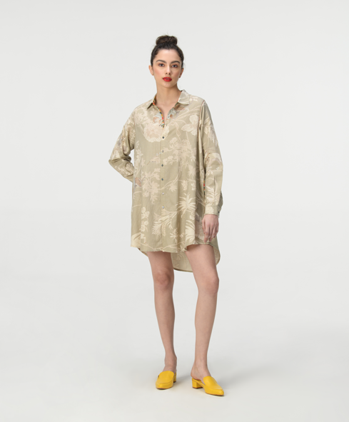 Oversized Cotton Silk Check Shirt for Women - Oyster Grey - Casual Loose Fit Blouse for Work & Weekend Outings