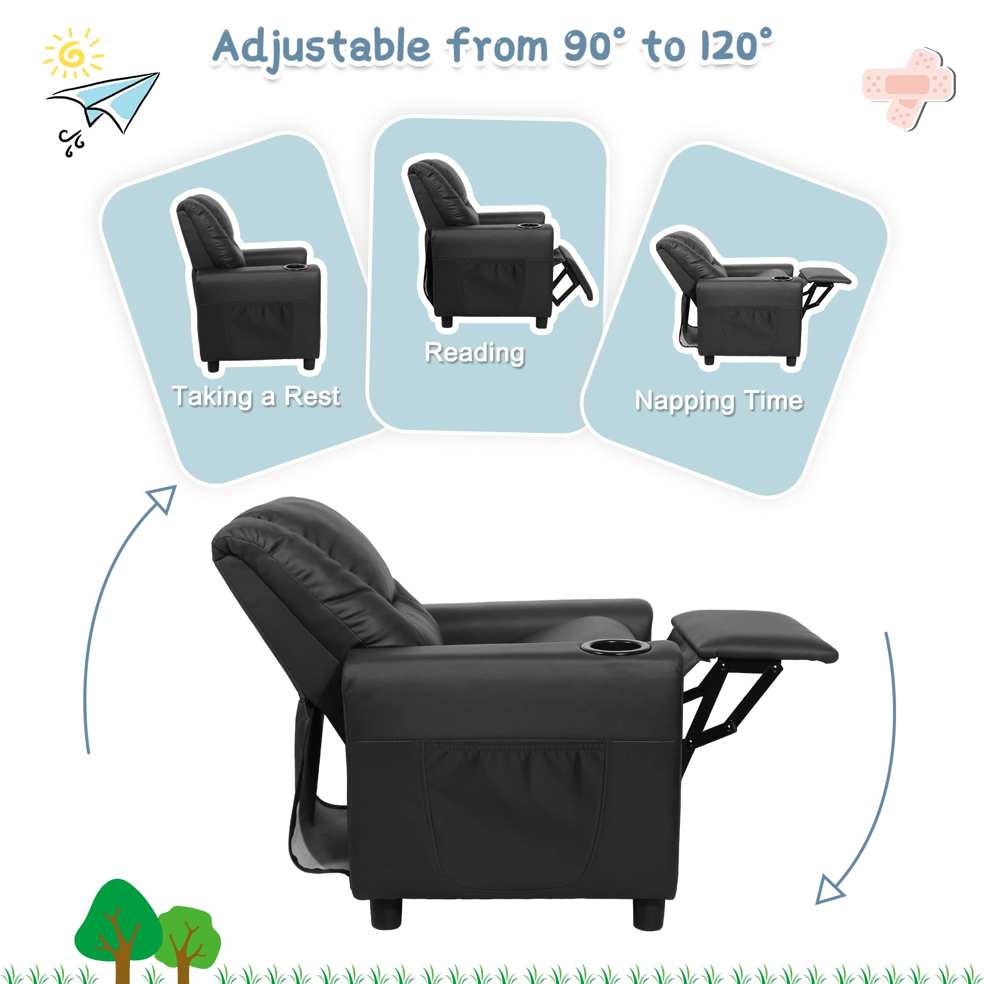 **Kids Recliner Chair with Cup Holder & Side Pockets - Toddler Recliner for Boys & Girls Ages 0-5, Non-Slip Footstool Included - Perfect for Playrooms, Bedrooms & Movie Nights (Black)**