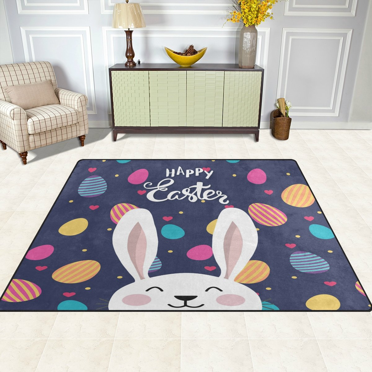 ALAZA Happy Easter Rabbit Polka Dot Egg Area Rug - 5'3 x 4' Soft Non-Slip Floor Mat for Living Room, Bedroom, Nursery - Easter Decor & Spring Home Decoration