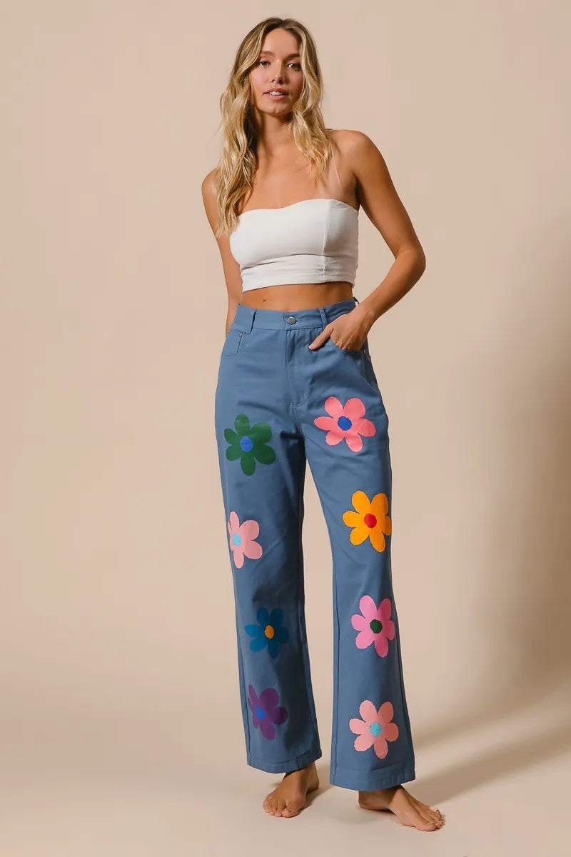 BiBi Floral Print Straight Leg Pants for Women - Casual & Comfortable Trousers for Everyday Wear, Office, and Outings