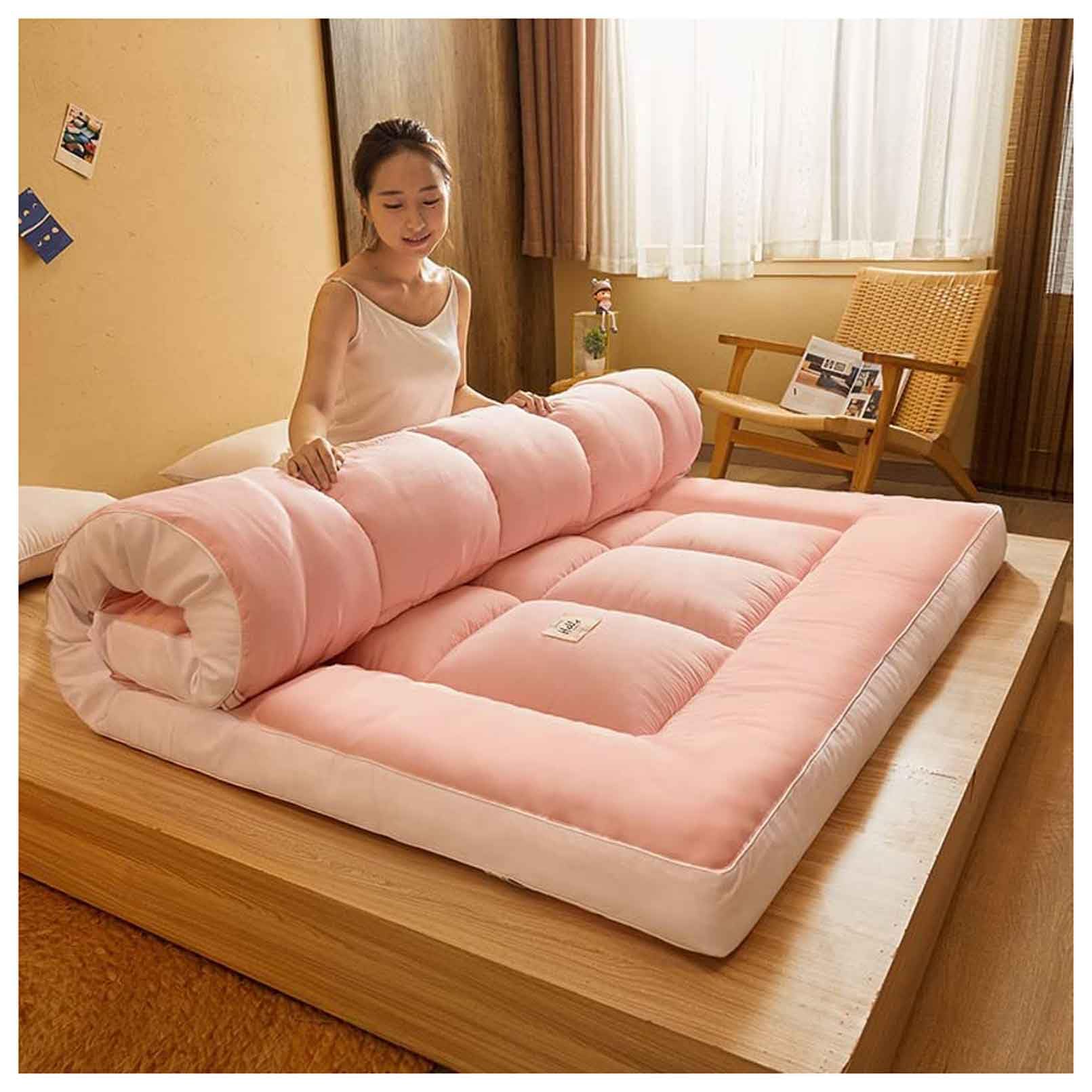 Japanese Futon Floor Mattress - Foldable Quilted Sleeping Mat for Camping, Guest Bed & Couch Lounger - Light Pink Full Size - Perfect for Small Spaces, Sleepovers & Outdoor Adventures
