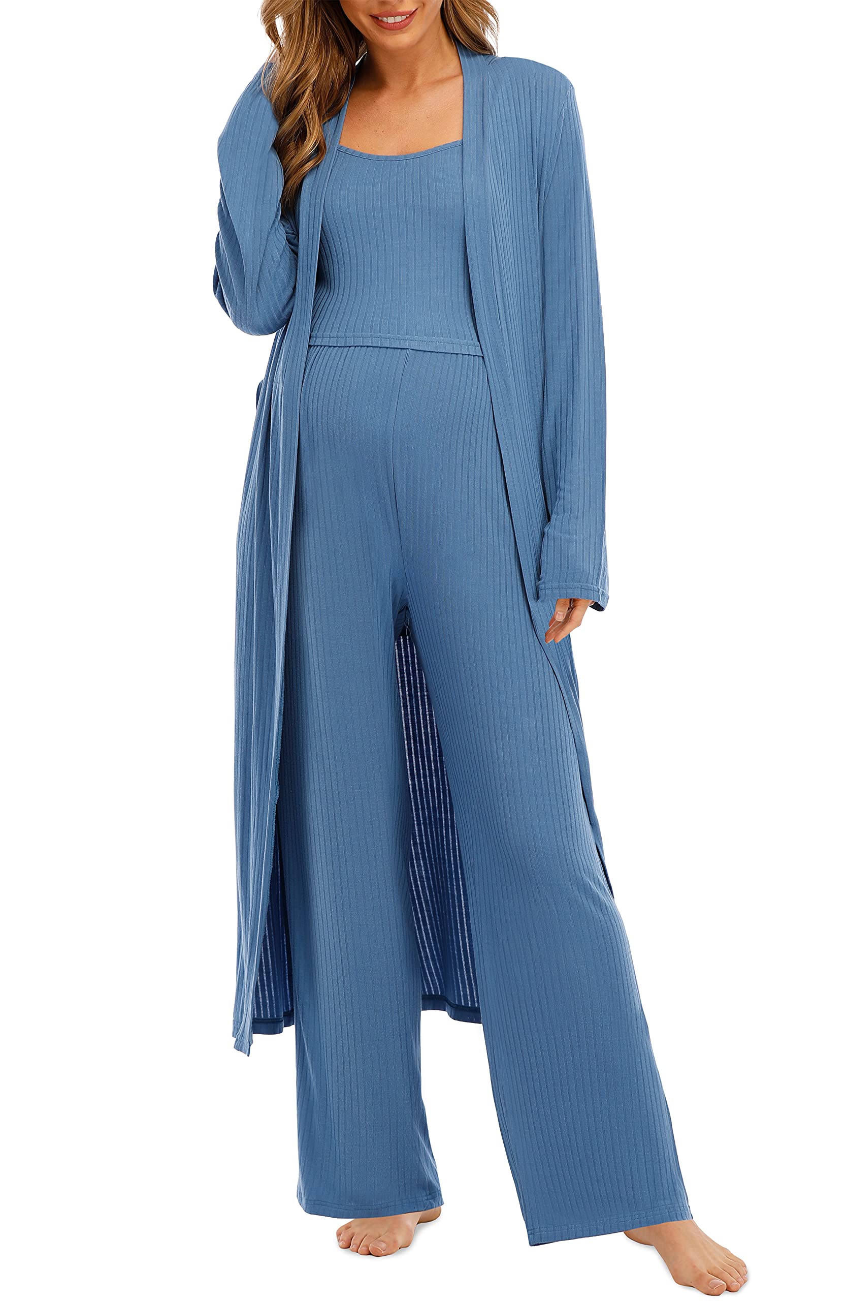 3 Piece Maternity Pajamas Set for Women - Soft & Comfortable Nursing Sleepwear with Cardigan Loungewear in Sky Blue | Perfect for Pregnancy, Breastfeeding & Relaxing at Home