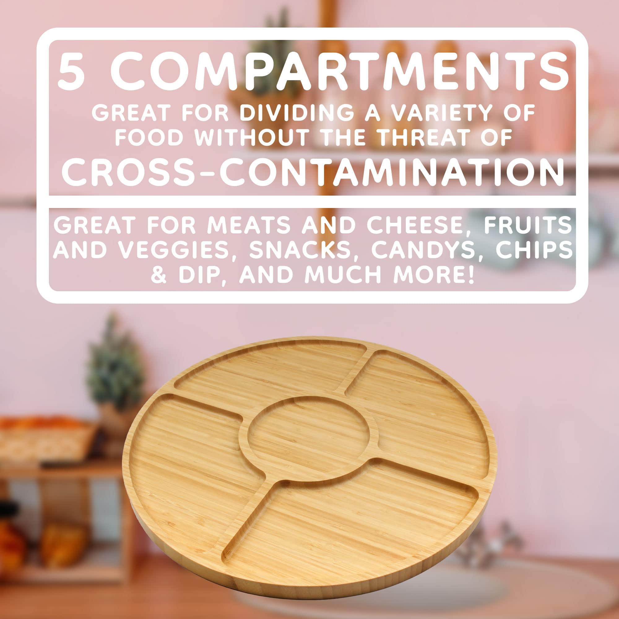 BambooMN Natural 12-Inch Round 5-Compartment Bamboo Serving Tray | Charcuterie Board for Cheese, Fruits & Appetizers | Perfect for Parties, Snacks & Entertaining | Eco-Friendly Kitchen & Dining Serveware (Set of 10)