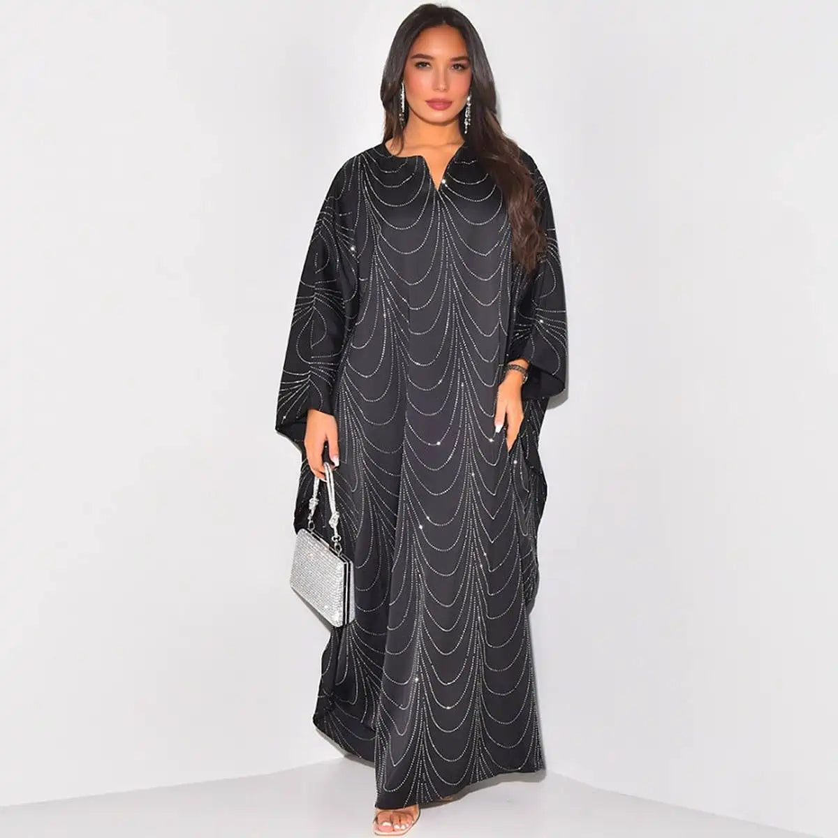 Hotfix Rhinestone Abaya Dress #25192 - Elegant Embellished Islamic Gown for Women, Perfect for Weddings, Parties & Special Occasions